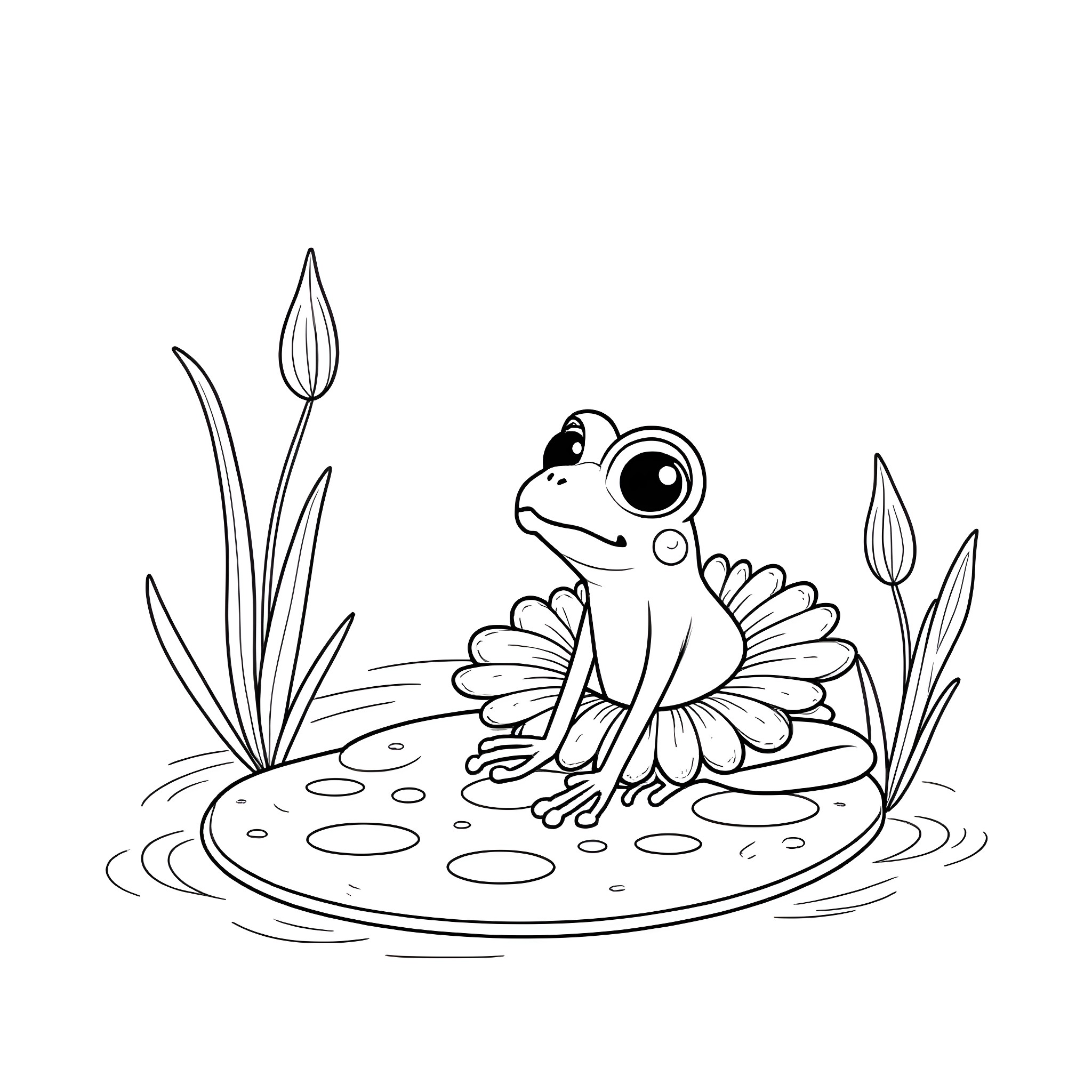 Frog sitting on a lily pad surrounded by plants Coloring Page (free black-and-white line drawing printable PDF for all, from beginners to advanced learners, including children, teens, adults, and seniors)