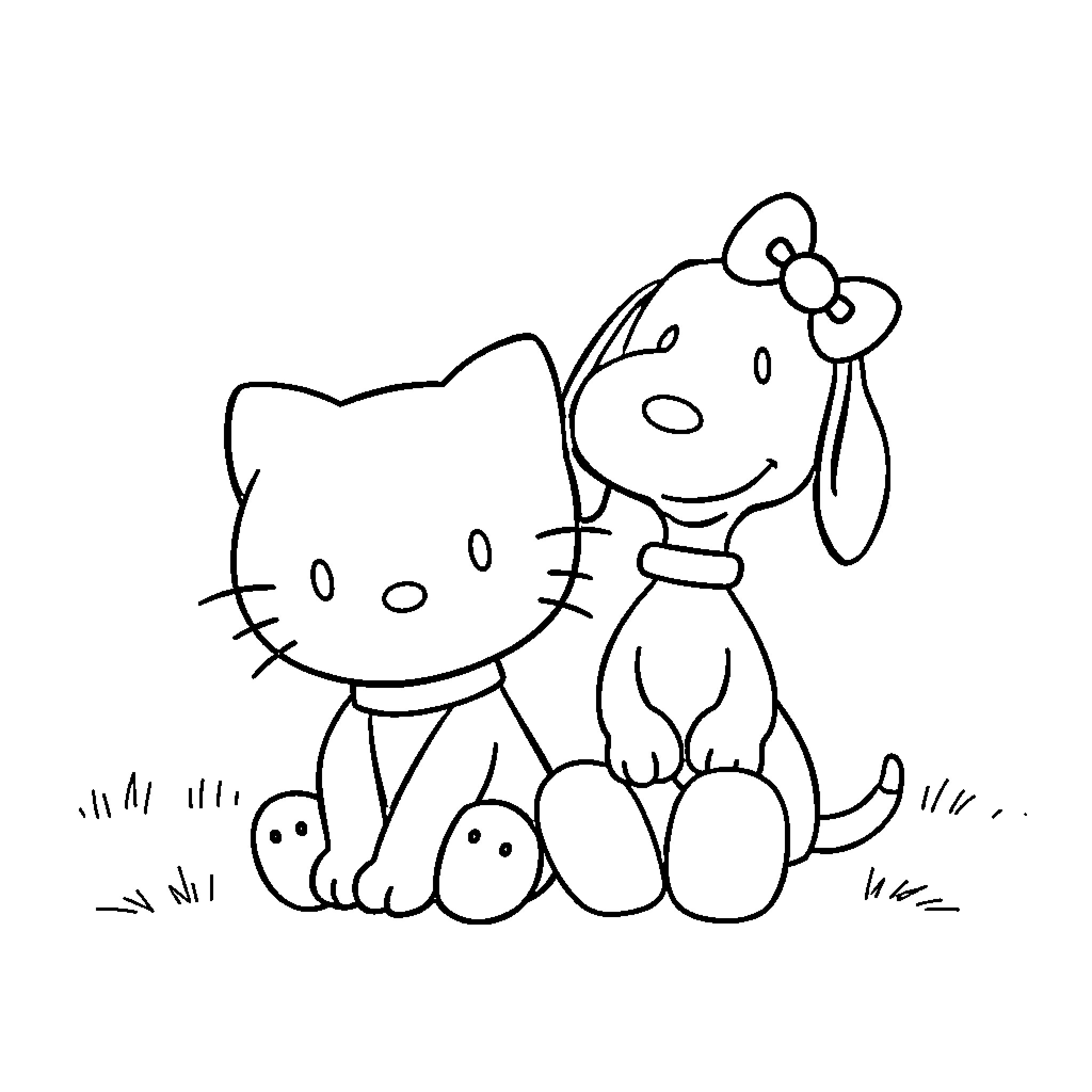 Hello Kitty playing with pets in the field Coloring Page (free black-and-white line drawing printable PDF for all, from beginners to advanced learners, including children, teens, adults, and seniors)