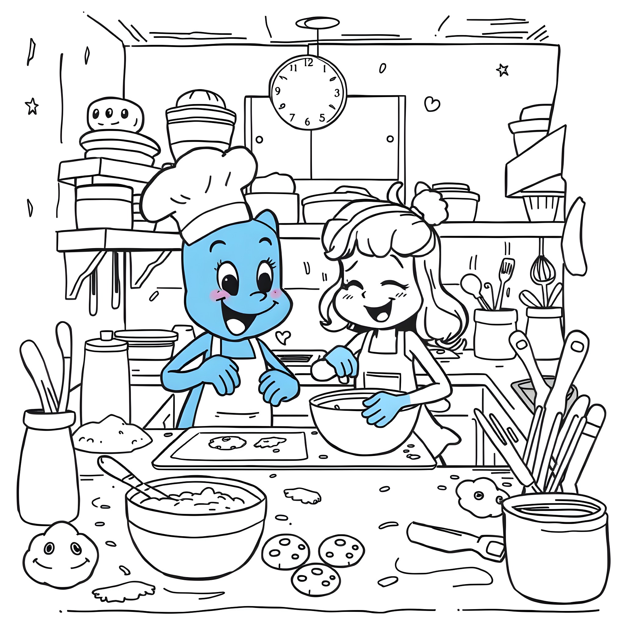 Bluey and friend baking in the kitchen Coloring Page (free black-and-white line drawing printable PDF for all, from beginners to advanced learners, including children, teens, adults, and seniors)