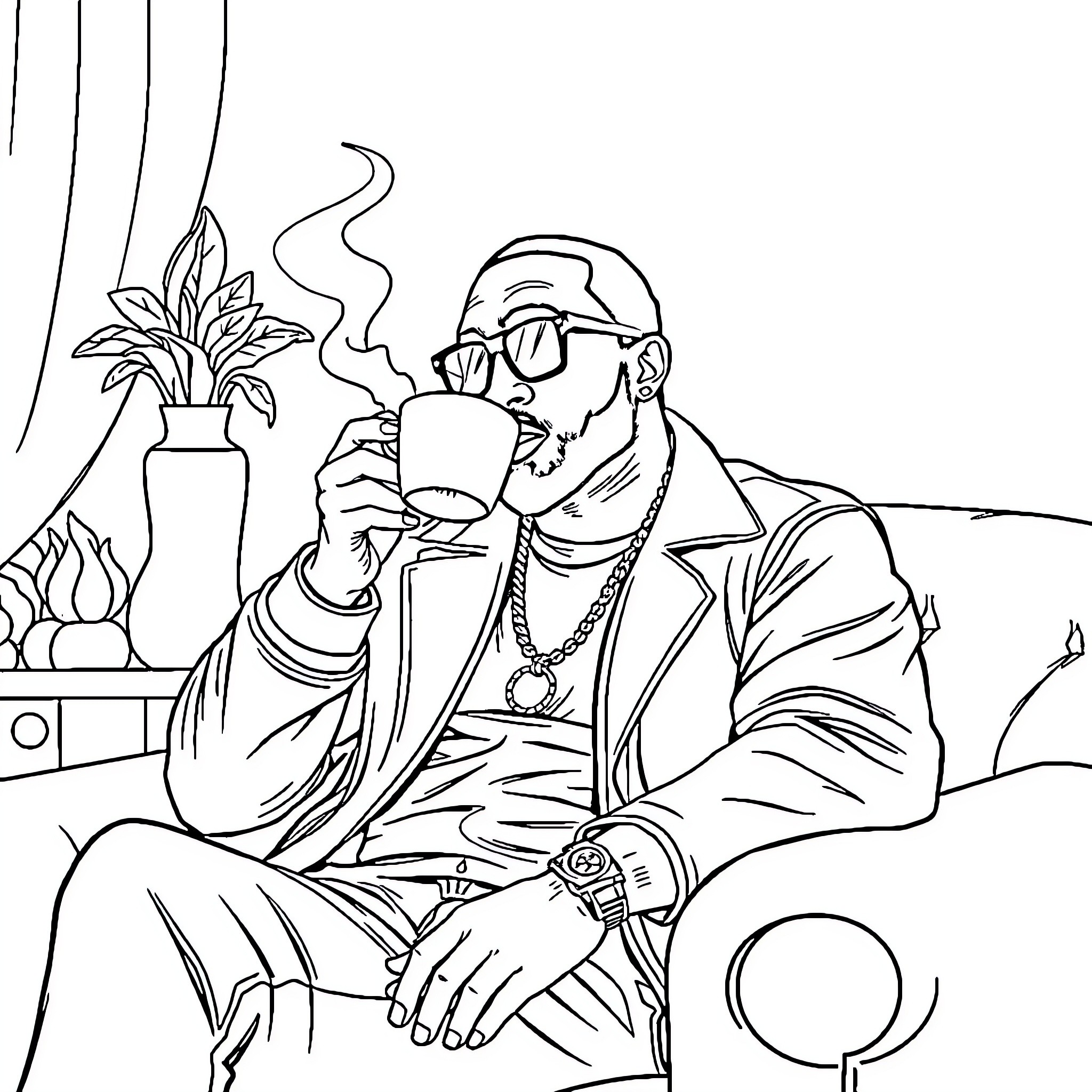 P Diddy enjoying a beverage by the fireplace Coloring Page (free black-and-white line drawing printable PDF for all, from beginners to advanced learners, including children, teens, adults, and seniors)