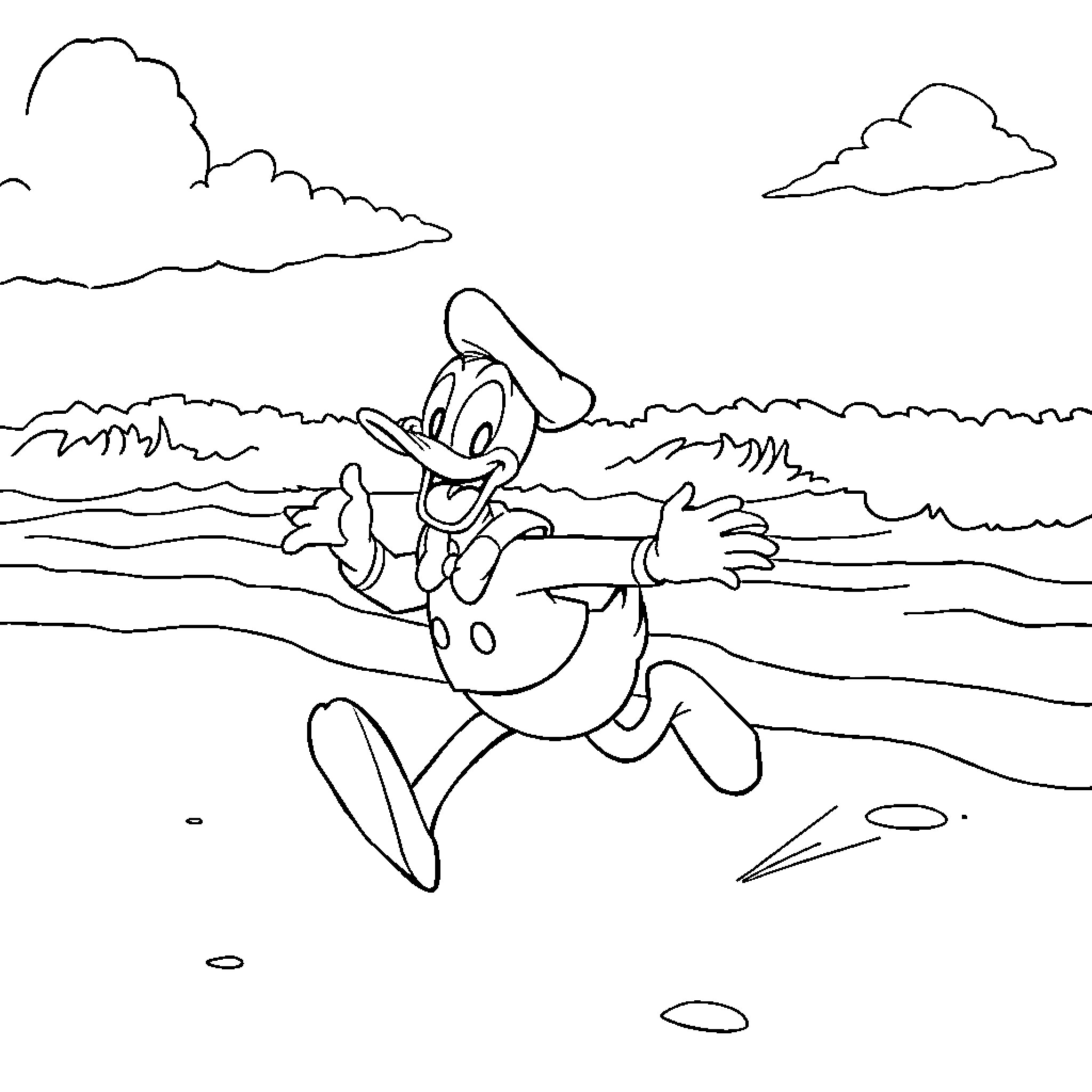 Donald happily skipping on the beach Coloring Page (free black-and-white line drawing printable PDF for all, from beginners to advanced learners, including children, teens, adults, and seniors)