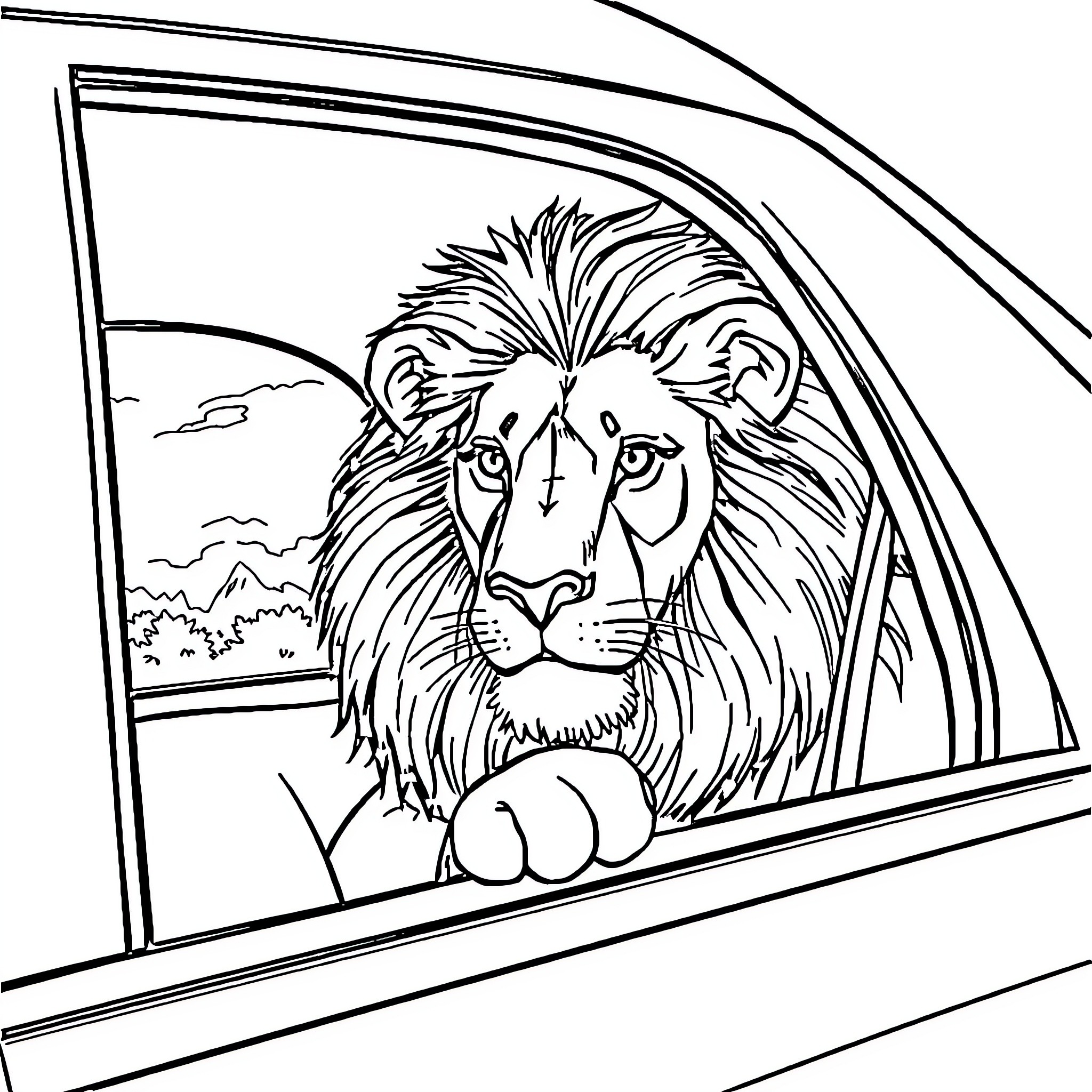 Lion looking out from car window Coloring Page (free black-and-white line drawing printable PDF for all, from beginners to advanced learners, including children, teens, adults, and seniors)