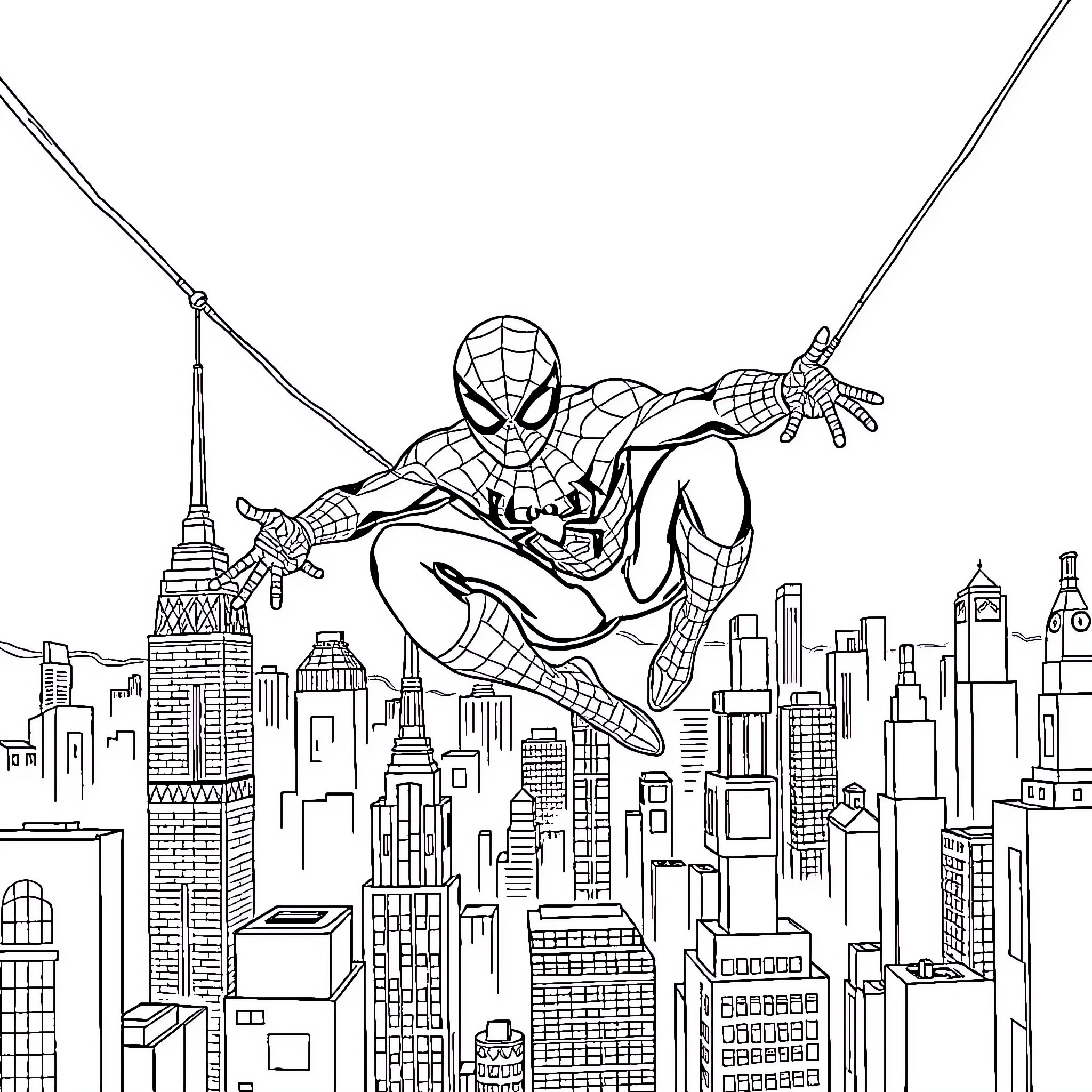 Spiderman swinging through the cityscape Coloring Page (free black-and-white line drawing printable PDF for all, from beginners to advanced learners, including children, teens, adults, and seniors)