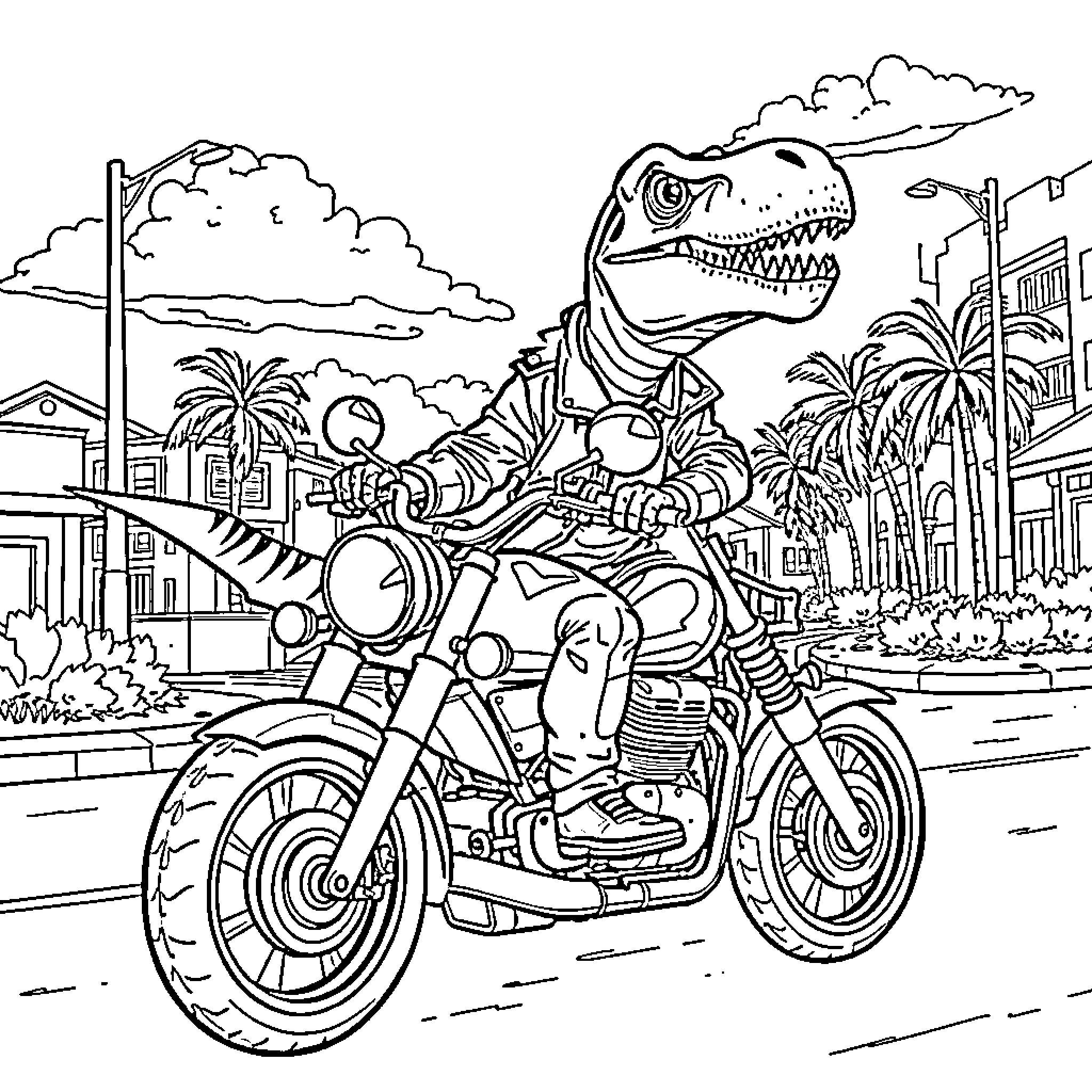 Dinosaur riding a motorcycle through a city Coloring Page (free black-and-white line drawing printable PDF for all, from beginners to advanced learners, including children, teens, adults, and seniors)