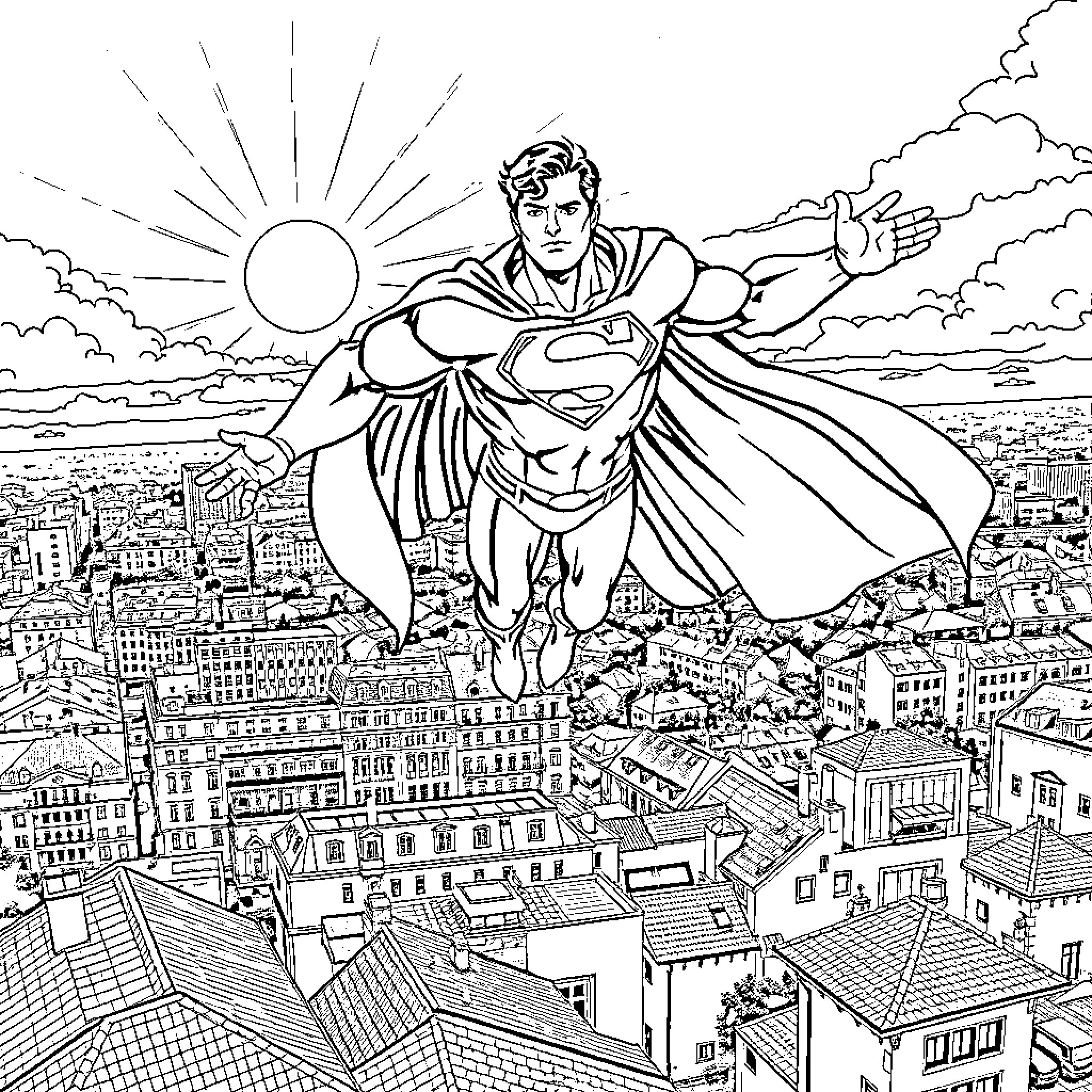 Superman flying over the city with determination Coloring Page (free black-and-white line drawing printable PDF for all, from beginners to advanced learners, including children, teens, adults, and seniors)