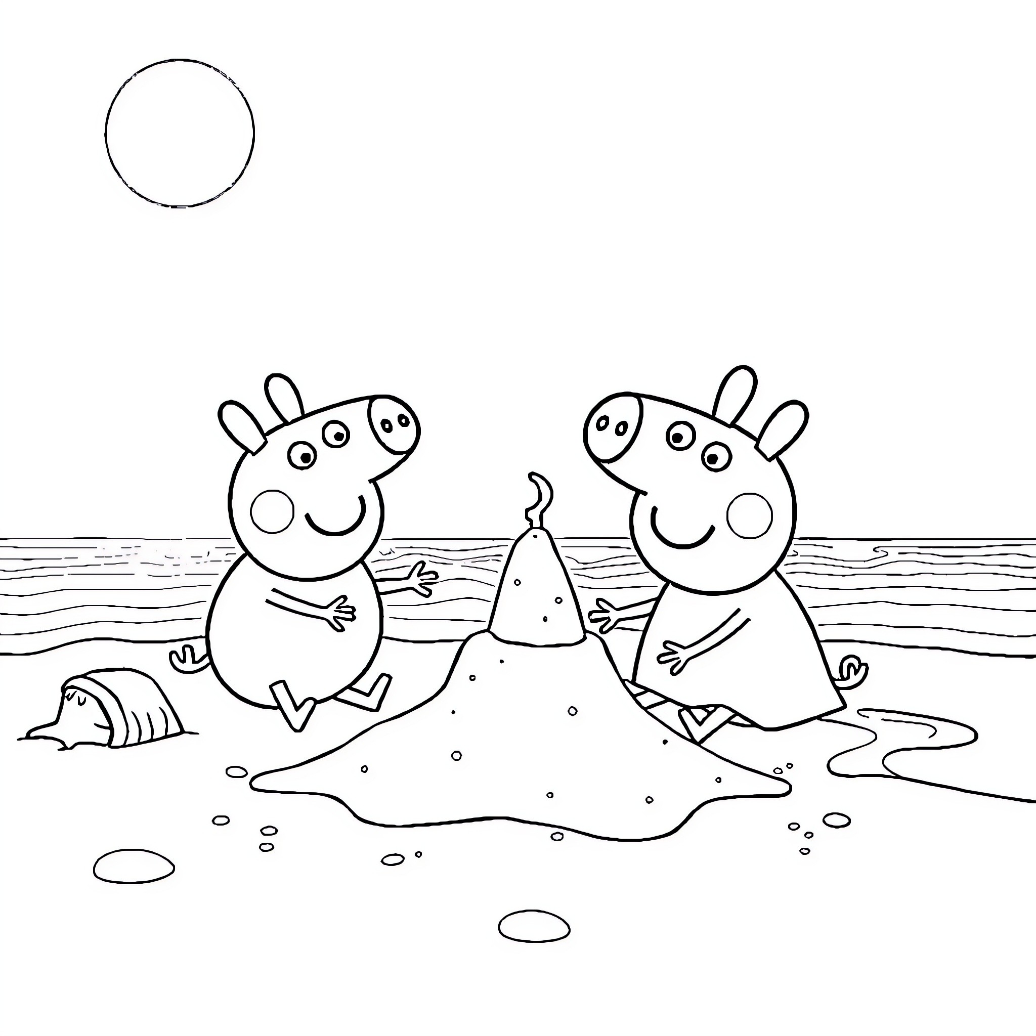 Bluey and Peppa playing at the beach Coloring Page (free black-and-white line drawing printable PDF for all, from beginners to advanced learners, including children, teens, adults, and seniors)