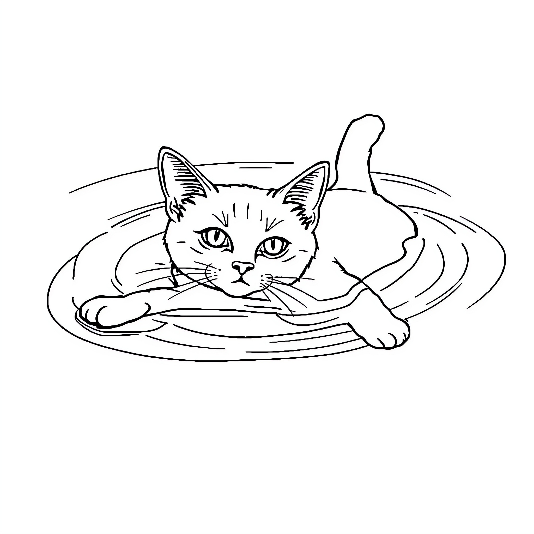 Cat relaxing in a cozy bed Coloring Page (free black-and-white line drawing printable PDF for all, from beginners to advanced learners, including children, teens, adults, and seniors)