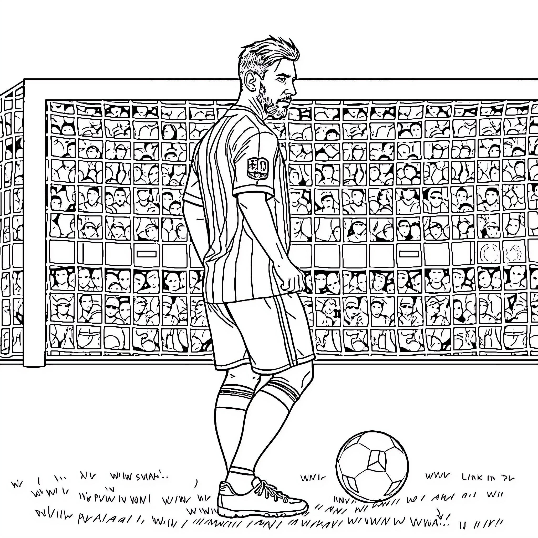 Lionel Messi standing before a wall of portraits Coloring Page (free black-and-white line drawing printable PDF for all, from beginners to advanced learners, including children, teens, adults, and seniors)