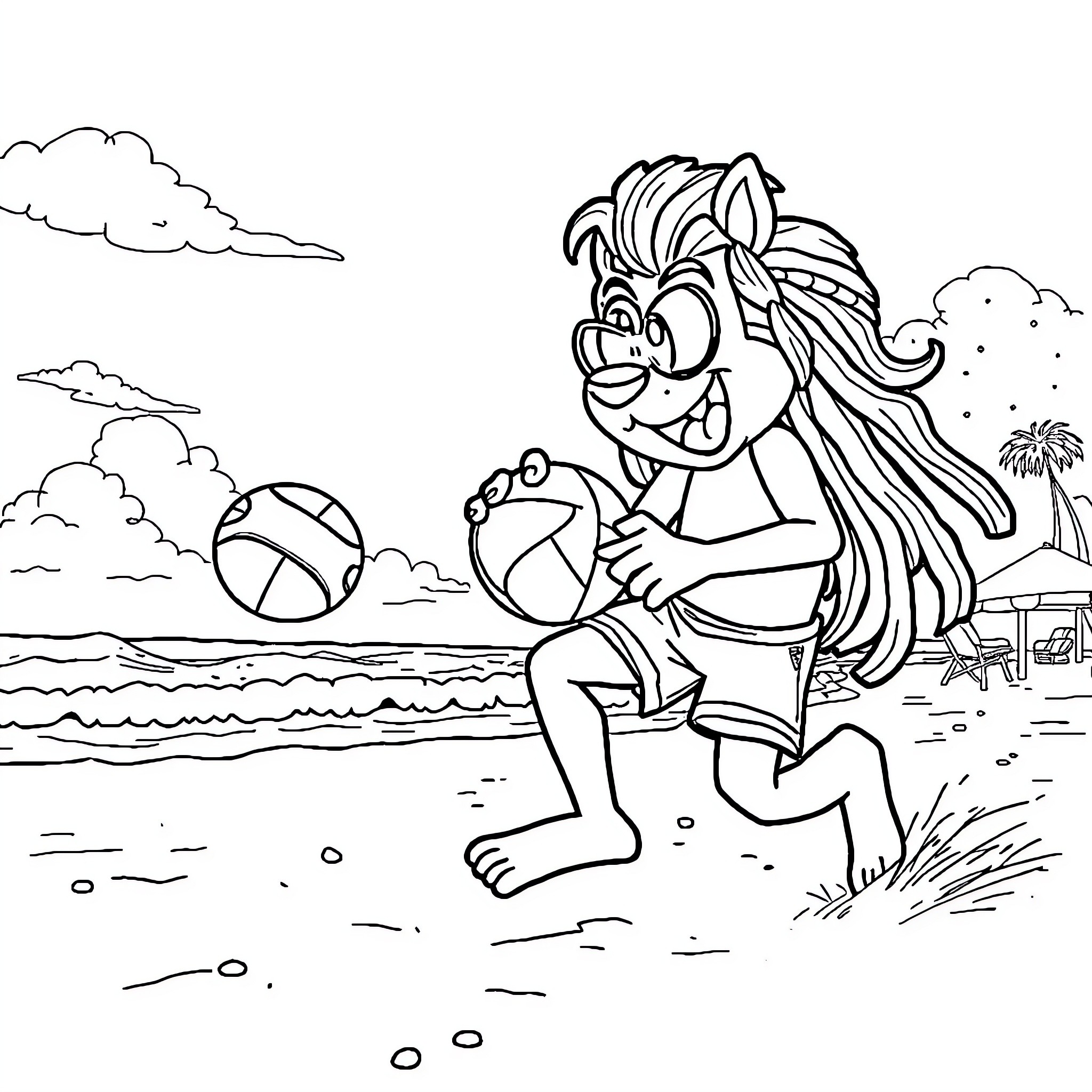 Bluey Playing at the Beach Coloring Page (free black-and-white line drawing printable PDF for all, from beginners to advanced learners, including children, teens, adults, and seniors)