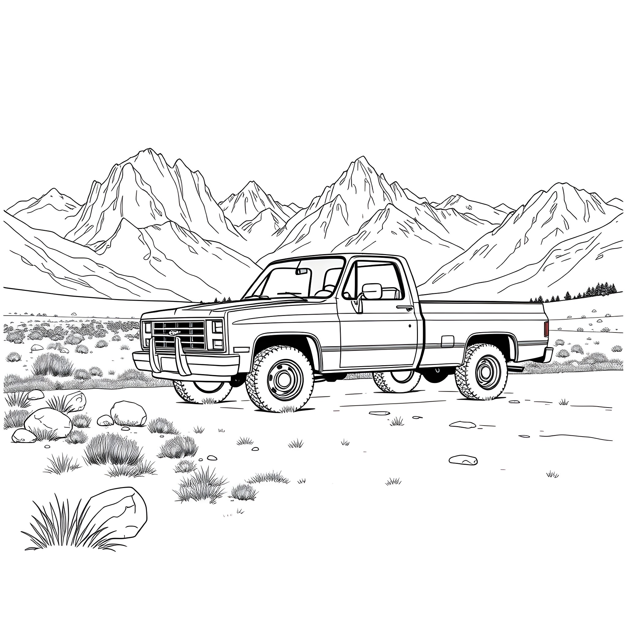 K10 Pickup Truck in the Mountain Landscape Coloring Page (free black-and-white line drawing printable PDF for all, from beginners to advanced learners, including children, teens, adults, and seniors)