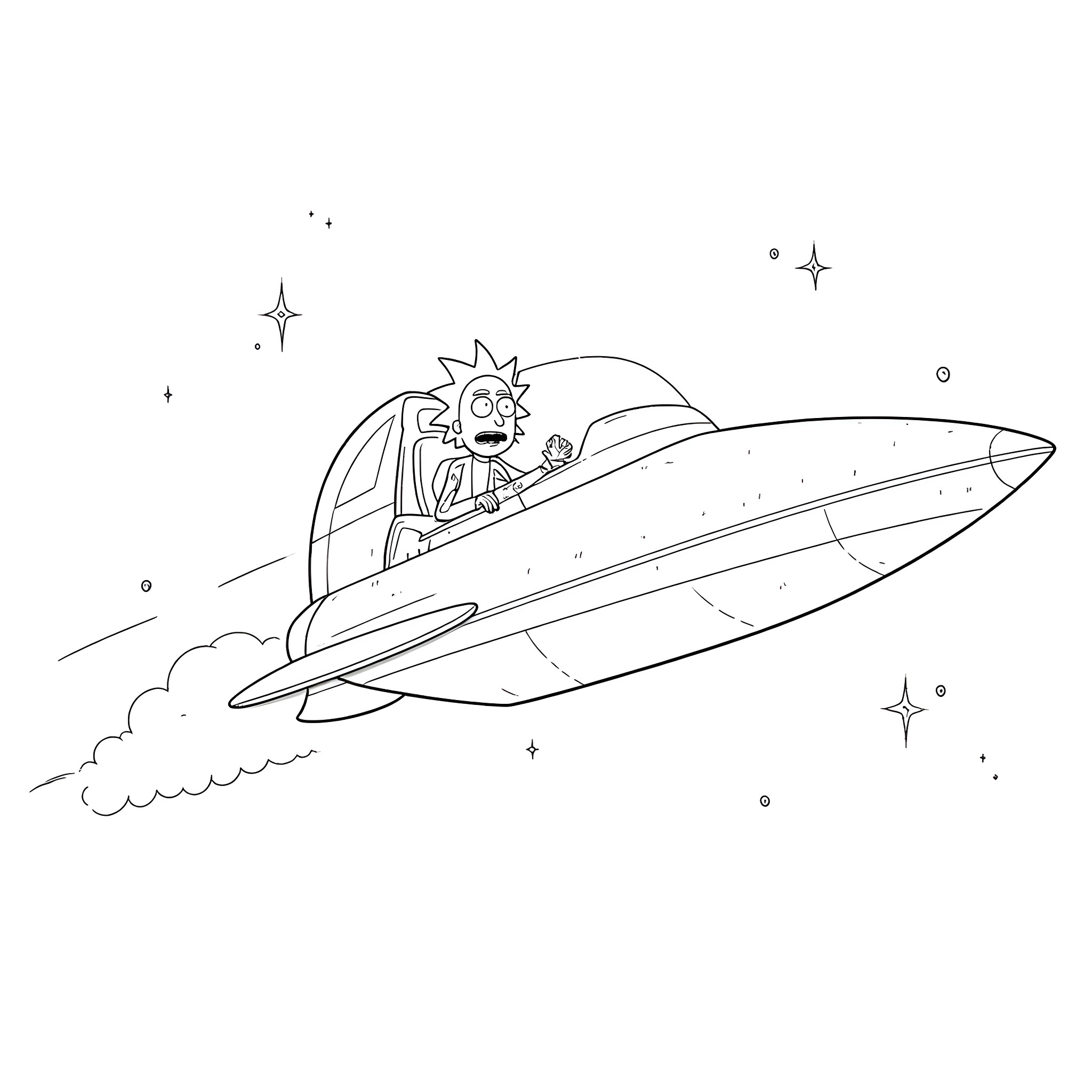 Rick And Morty exploring space in a flying saucer Coloring Page (free black-and-white line drawing printable PDF for all, from beginners to advanced learners, including children, teens, adults, and seniors)