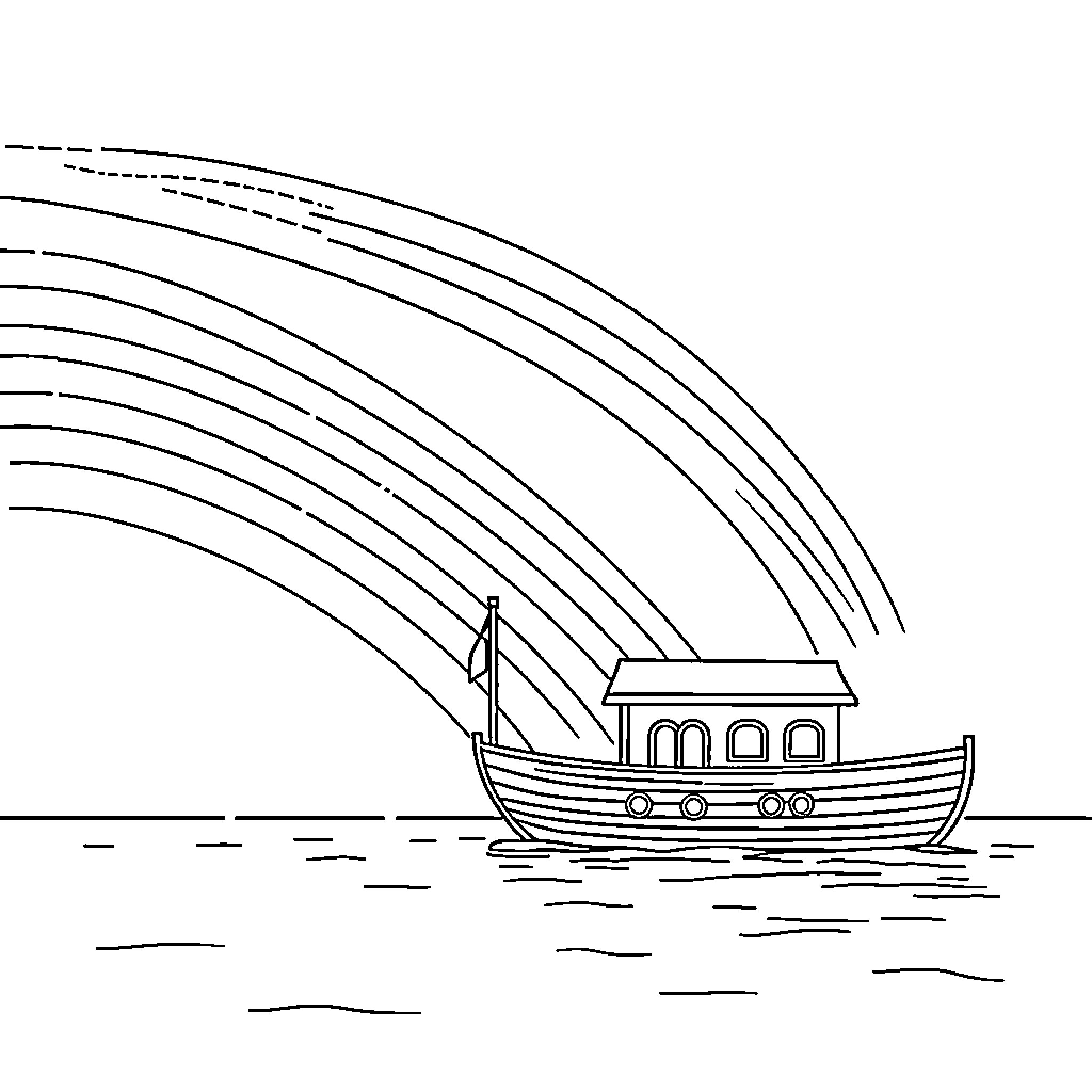 Noah's Ark sailing across a stormy sea Coloring Page (free black-and-white line drawing printable PDF for all, from beginners to advanced learners, including children, teens, adults, and seniors)