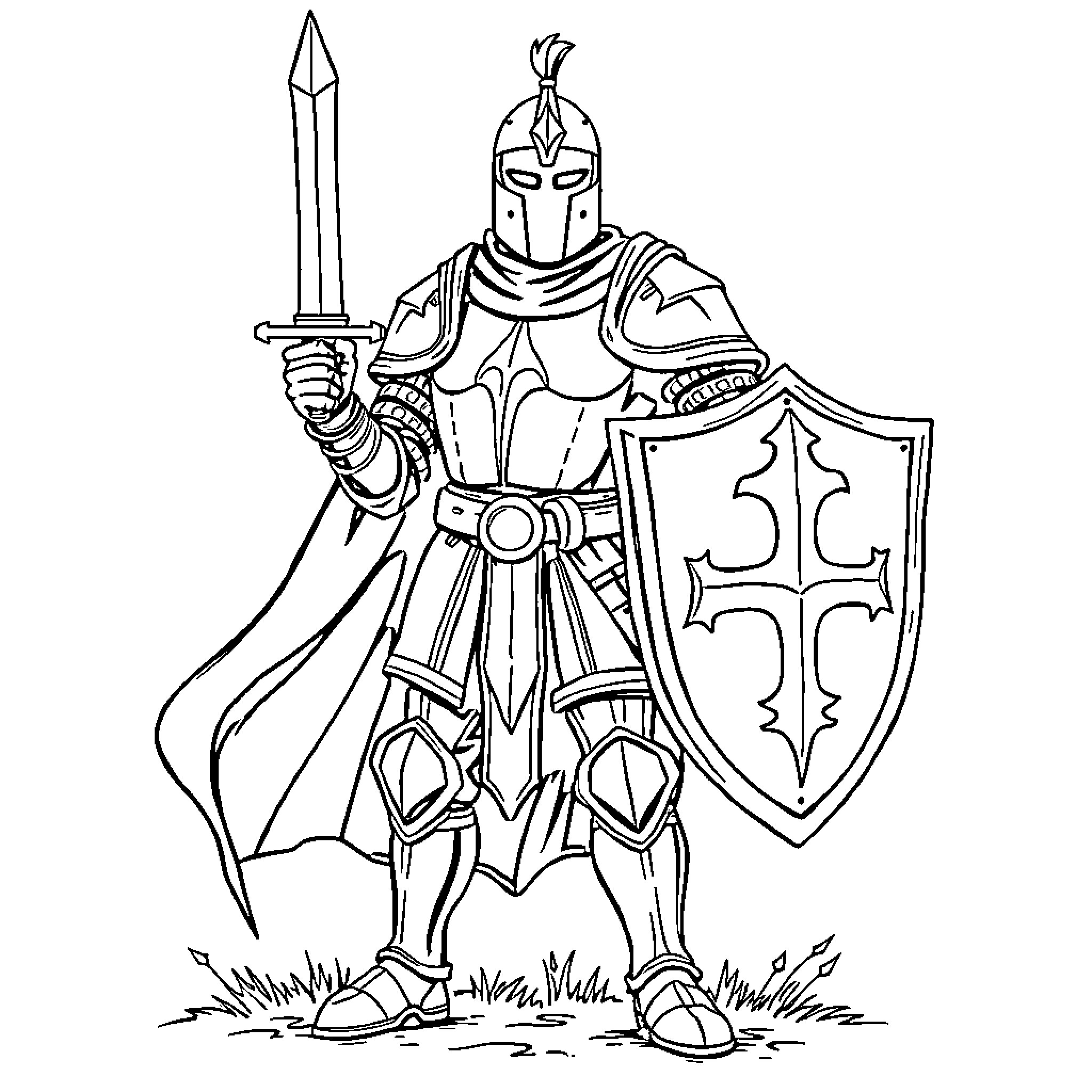 Knight in Shining Armor Wielding Sword and Shield Coloring Page (free black-and-white line drawing printable PDF for all, from beginners to advanced learners, including children, teens, adults, and seniors)