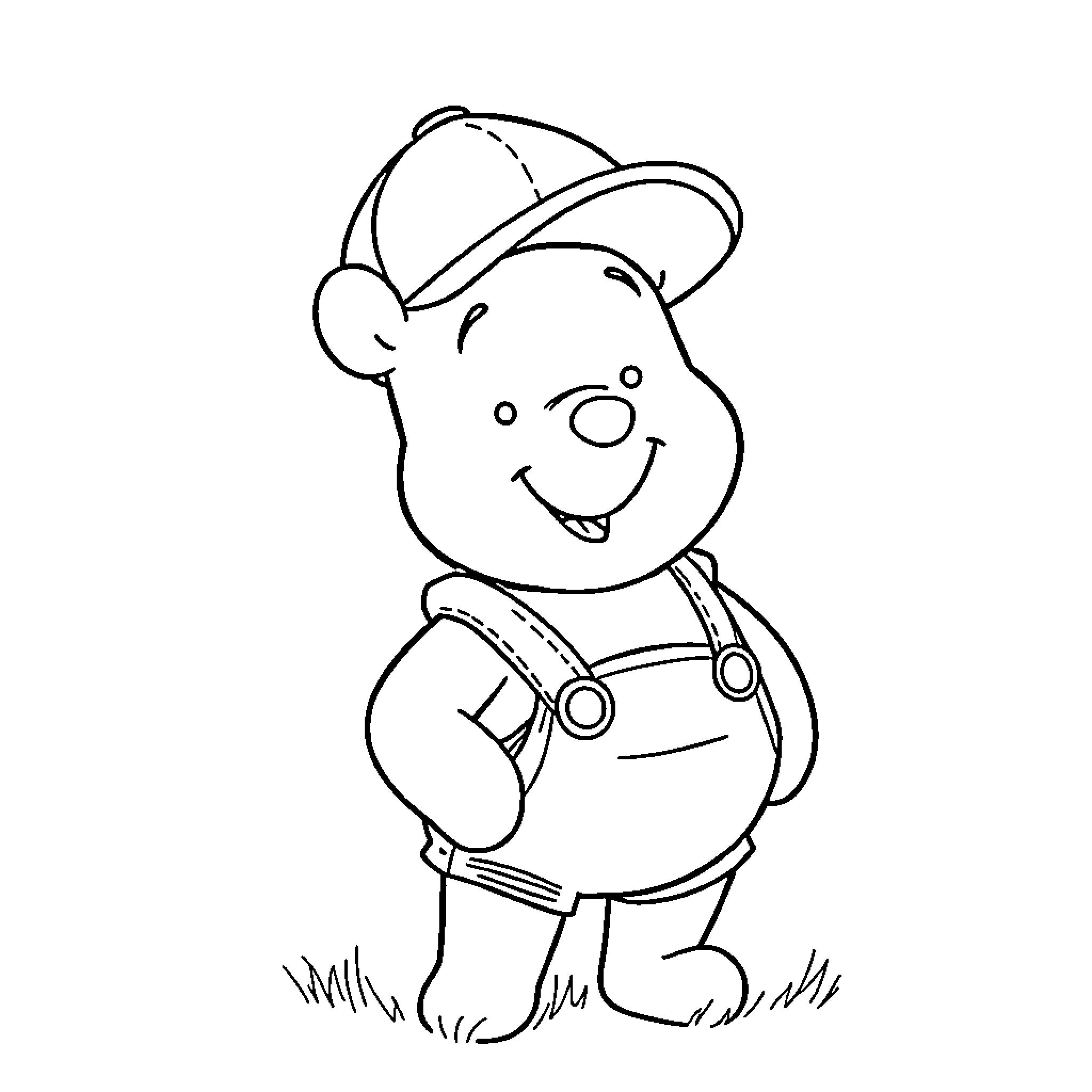 Winnie The Pooh in Overalls Playing Outdoors Coloring Page (free black-and-white line drawing printable PDF for all, from beginners to advanced learners, including children, teens, adults, and seniors)