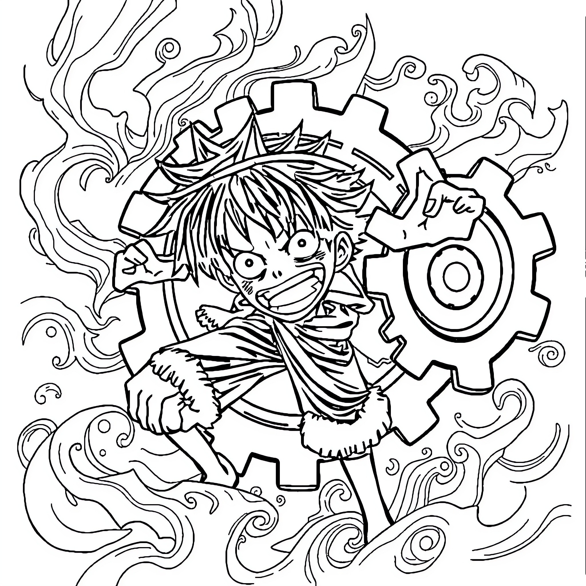 Luffy's Energetic Adventure in the Mechanical Realm Coloring Page (free black-and-white line drawing printable PDF for all, from beginners to advanced learners, including children, teens, adults, and seniors)