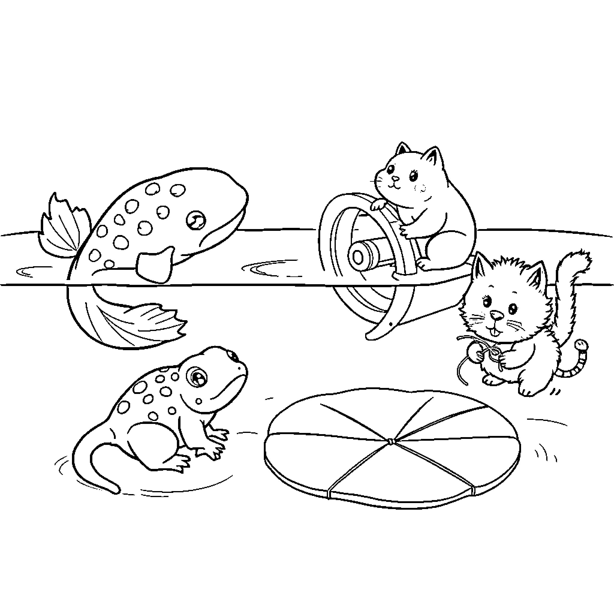 Animal Kittens playing with colorful toys Coloring Page (free black-and-white line drawing printable PDF for all, from beginners to advanced learners, including children, teens, adults, and seniors)