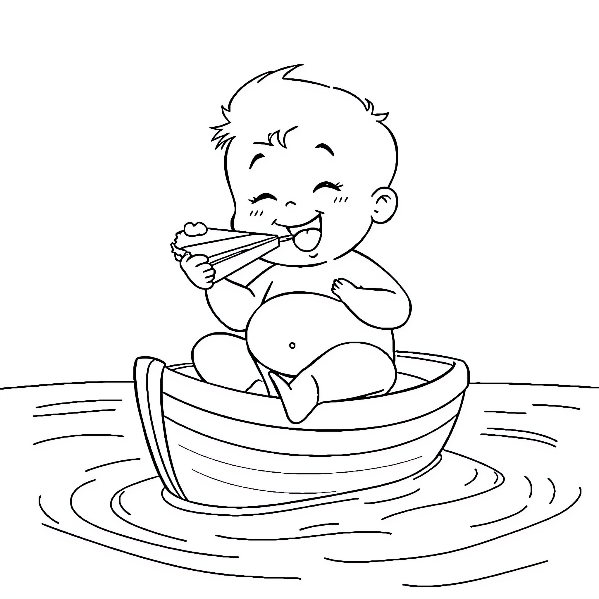 Kid splashing happily in a boat Coloring Page (free black-and-white line drawing printable PDF for all, from beginners to advanced learners, including children, teens, adults, and seniors)
