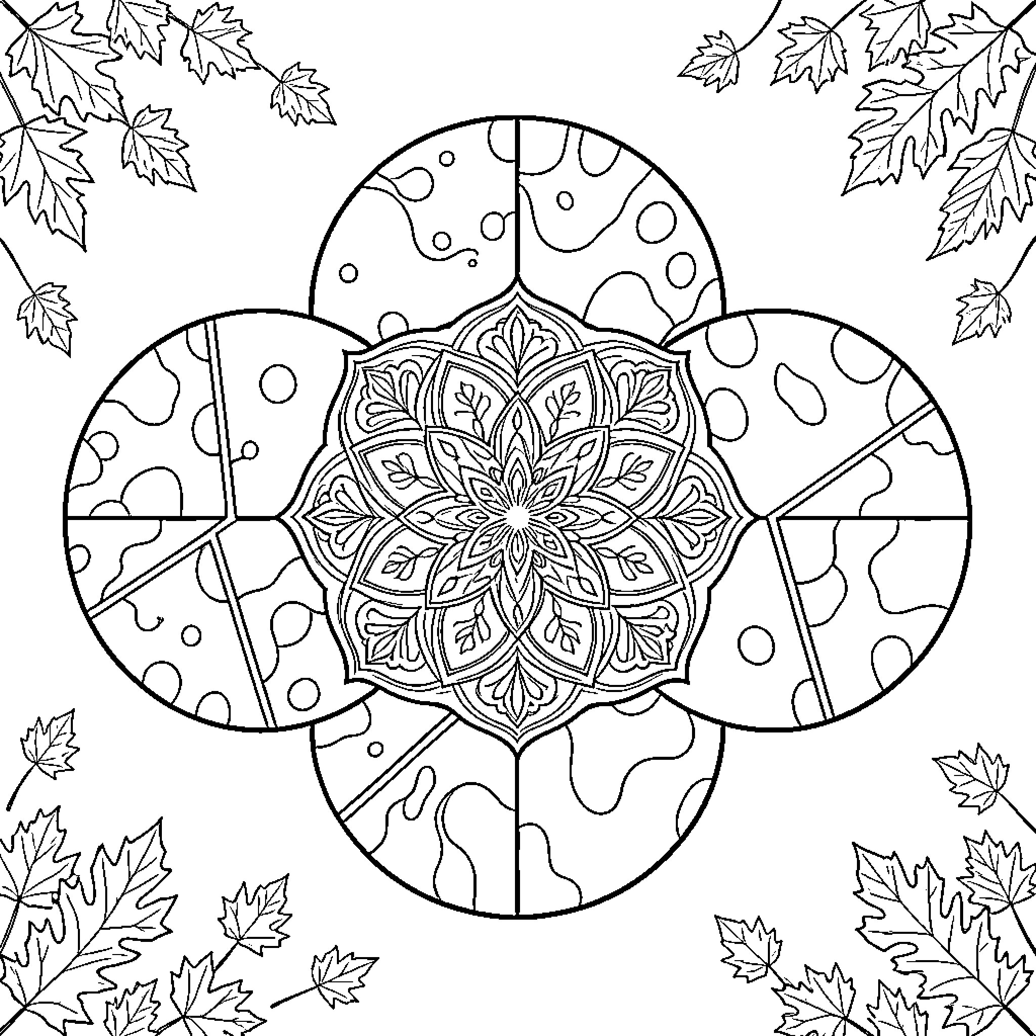 Mandala of decorative floral patterns and maple leaves Coloring Page (free black-and-white line drawing printable PDF for all, from beginners to advanced learners, including children, teens, adults, and seniors)