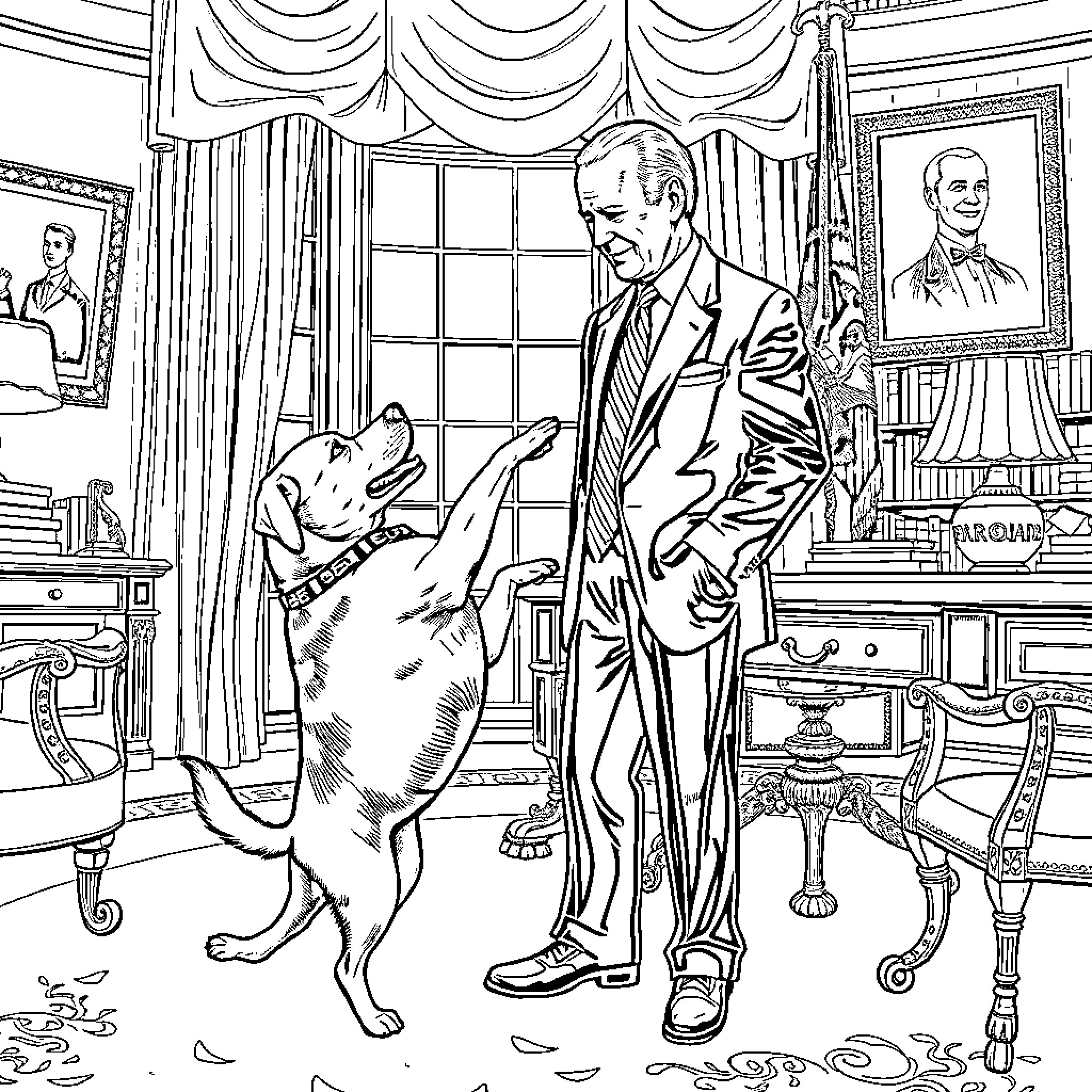 Dog Playing Happily With Gentleman in Elegant Room Coloring Page (free black-and-white line drawing printable PDF for all, from beginners to advanced learners, including children, teens, adults, and seniors)