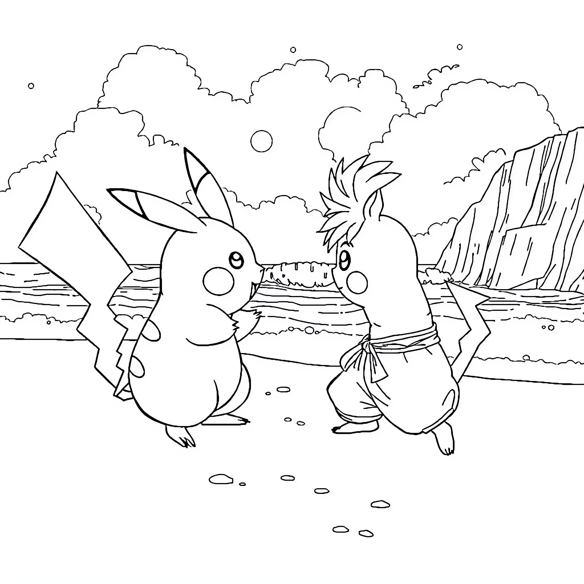 Pikachu and Pokémon friends in a scenic landscape Coloring Page (free black-and-white line drawing printable PDF for all, from beginners to advanced learners, including children, teens, adults, and seniors)