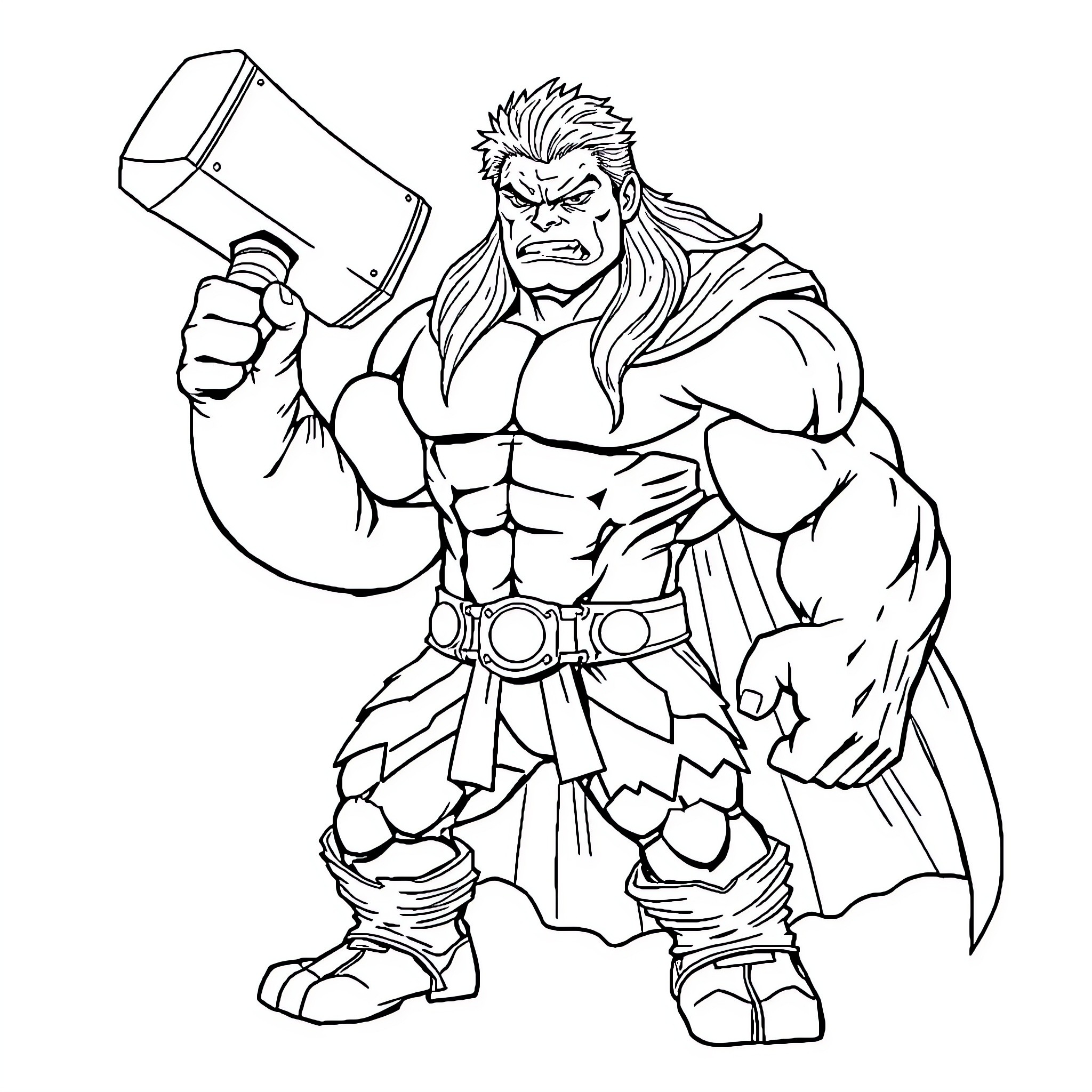 Hulk Thor wielding a mighty hammer in action Coloring Page (free black-and-white line drawing printable PDF for all, from beginners to advanced learners, including children, teens, adults, and seniors)