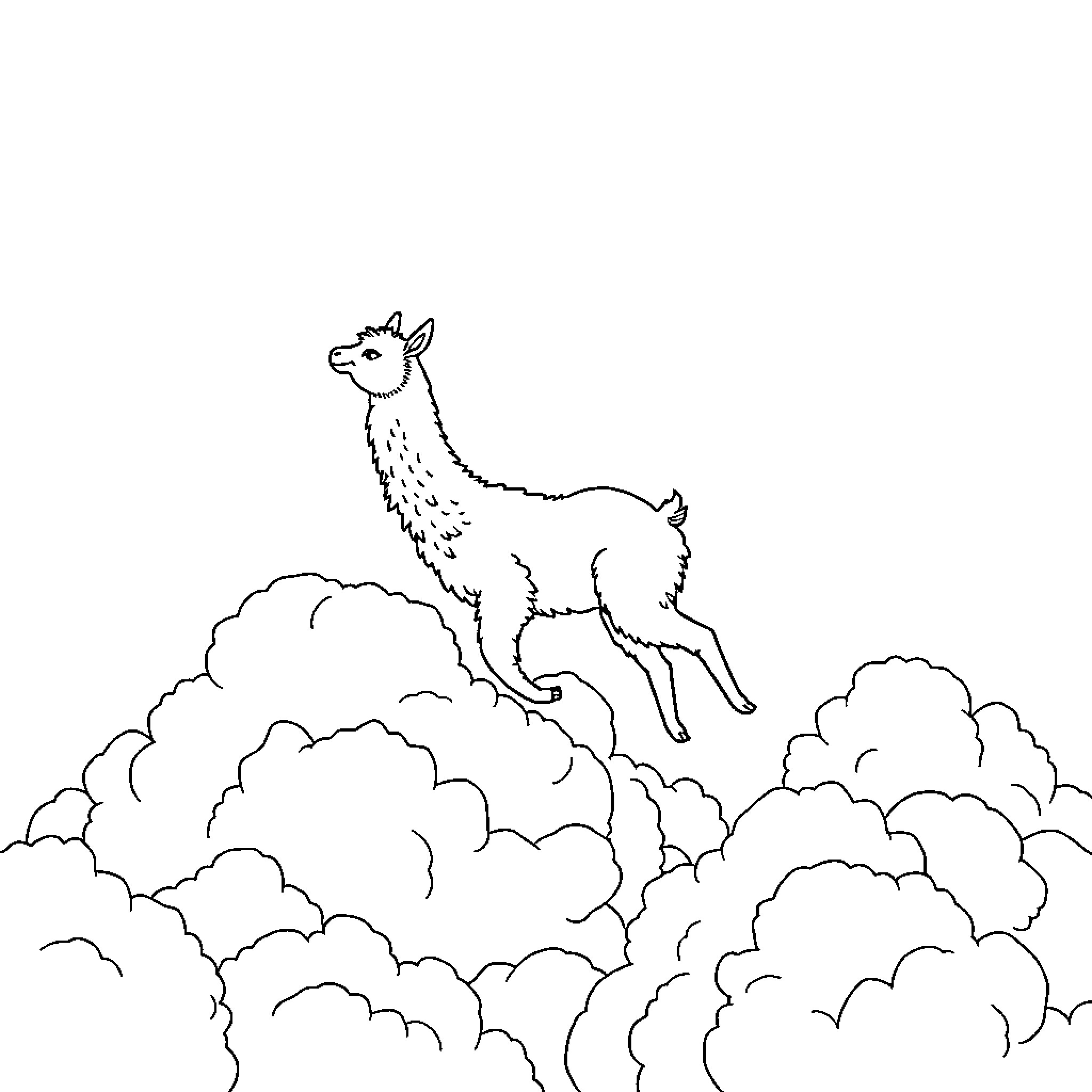 Alpaca leaping through fluffy clouds Coloring Page (free black-and-white line drawing printable PDF for all, from beginners to advanced learners, including children, teens, adults, and seniors)