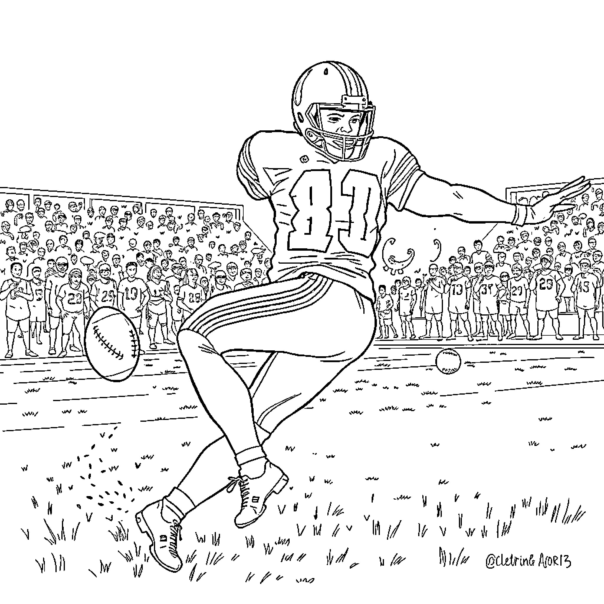 Football Player Executing Pass Play in Stadium Coloring Page (free black-and-white line drawing printable PDF for all, from beginners to advanced learners, including children, teens, adults, and seniors)
