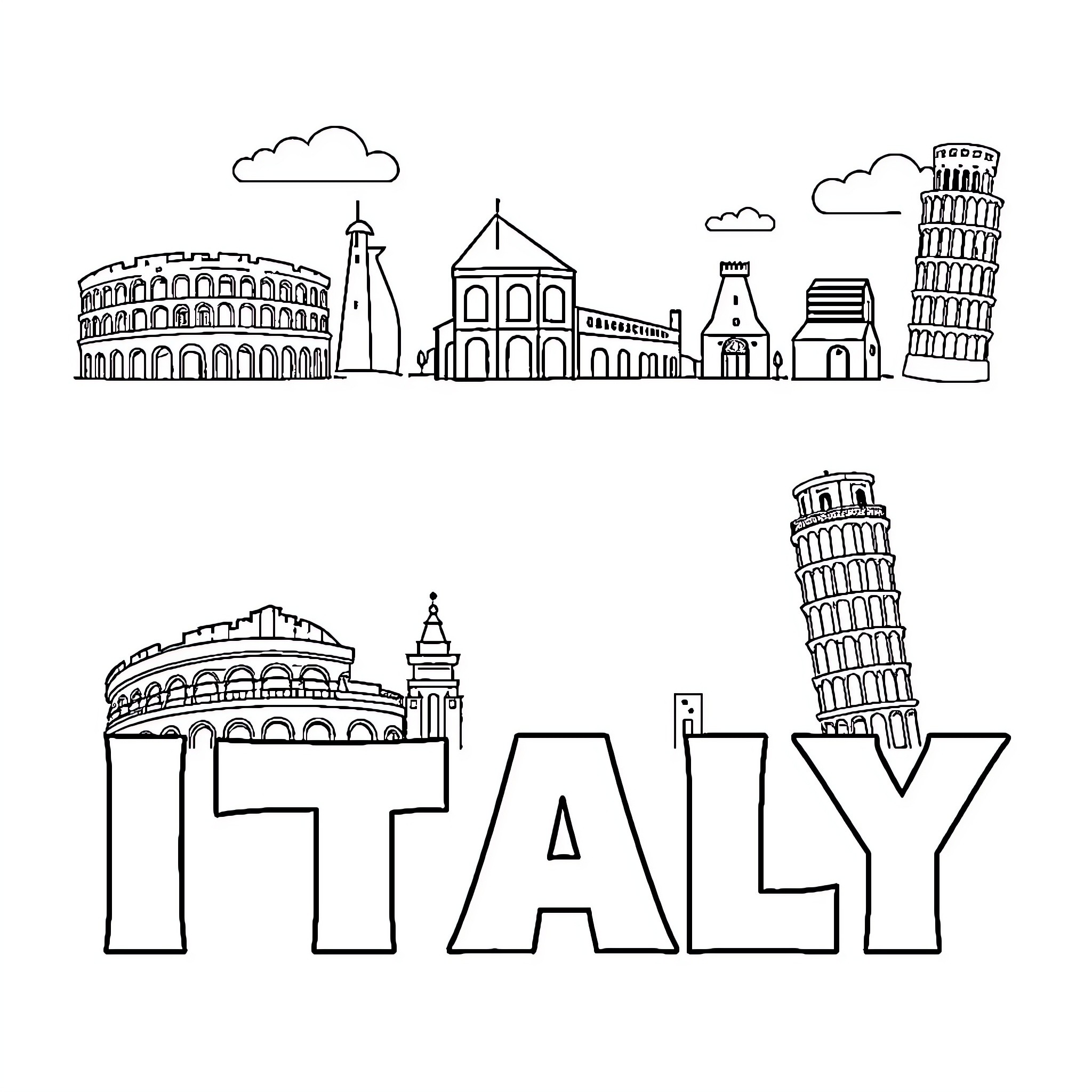 Italy's Famous Landmarks and Attractions Coloring Page (free black-and-white line drawing printable PDF for all, from beginners to advanced learners, including children, teens, adults, and seniors)