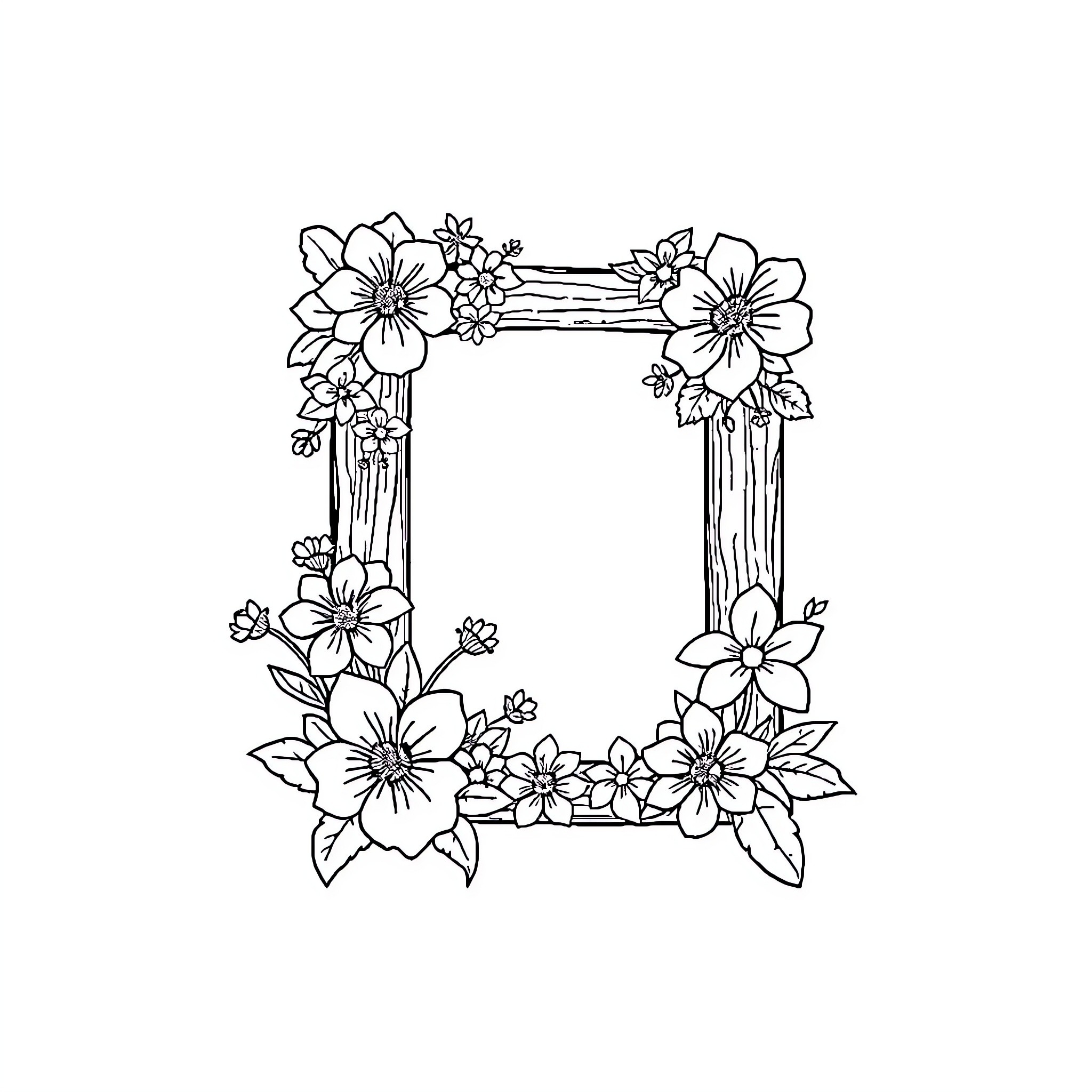 Flower frame with beautiful blooms Coloring Page (free black-and-white line drawing printable PDF for all, from beginners to advanced learners, including children, teens, adults, and seniors)