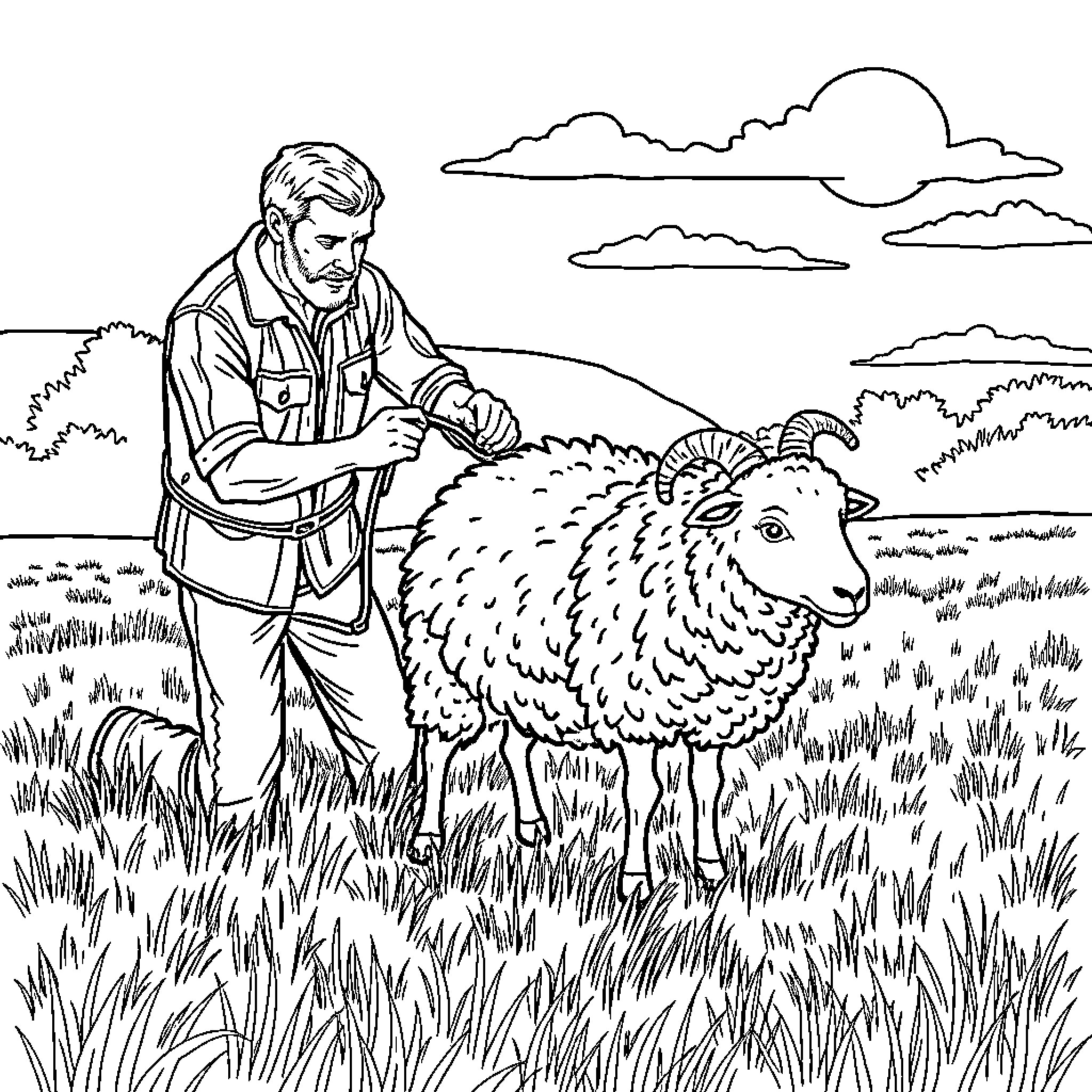 Man tending to sheep in the countryside Coloring Page (free black-and-white line drawing printable PDF for all, from beginners to advanced learners, including children, teens, adults, and seniors)