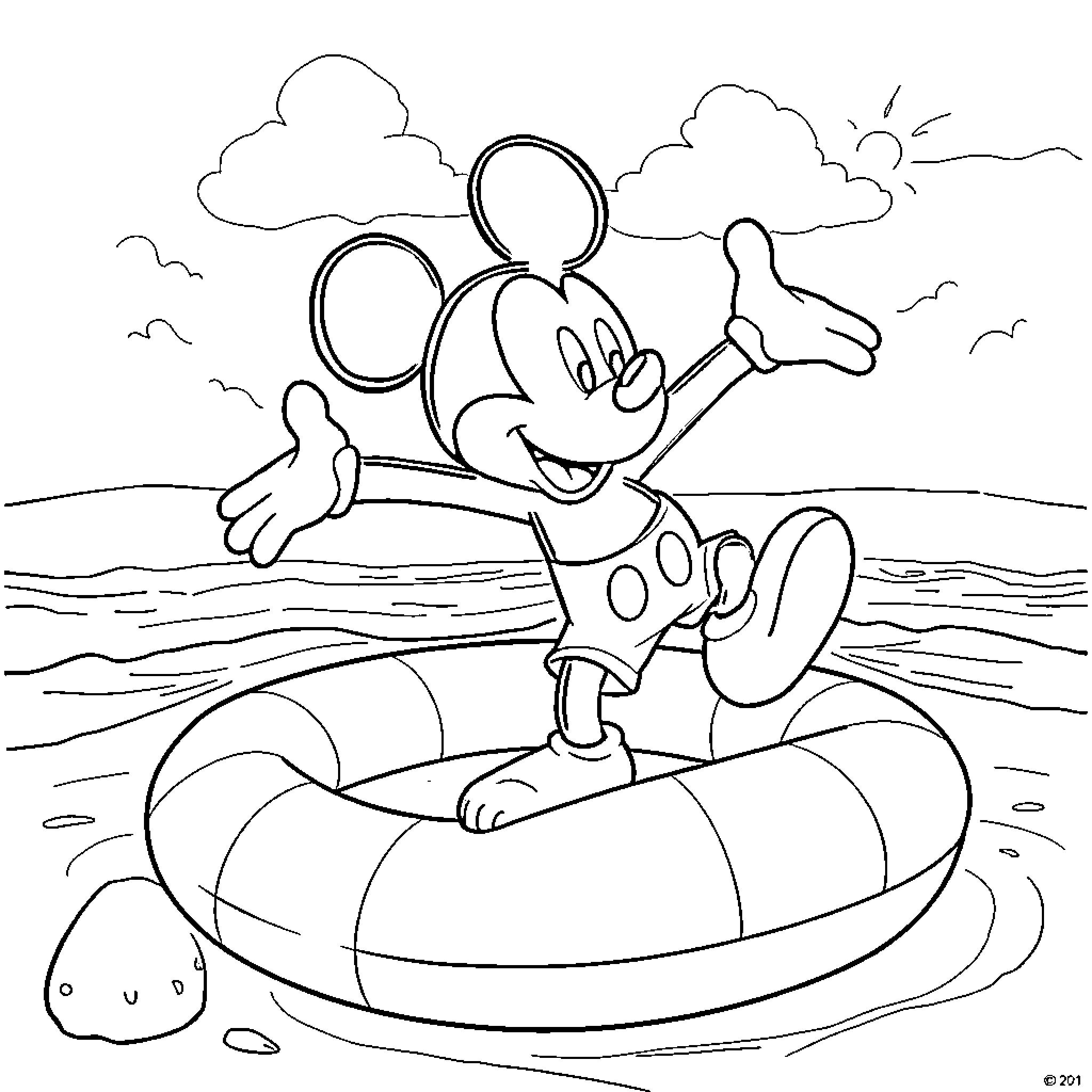 Mickey Mouse enjoying a day at the beach Coloring Page (free black-and-white line drawing printable PDF for all, from beginners to advanced learners, including children, teens, adults, and seniors)