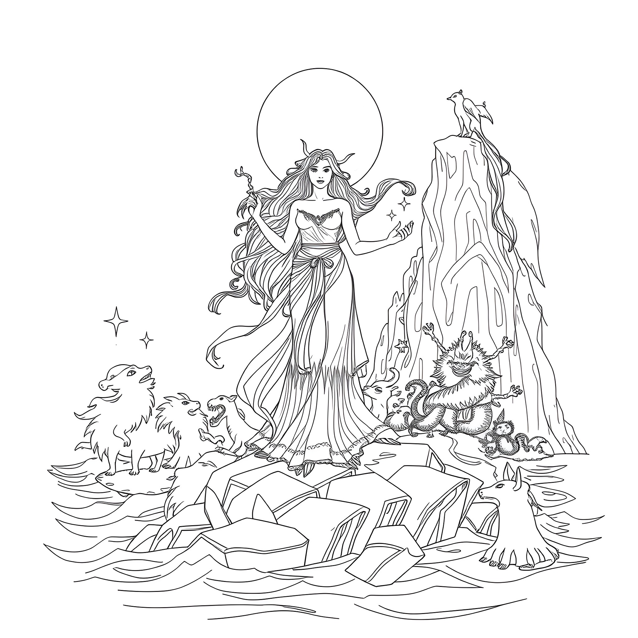 Circe's Enchanting Realm: Goddess, Creatures, and Mystical Landscapes Coloring Page (free black-and-white line drawing printable PDF for all, from beginners to advanced learners, including children, teens, adults, and seniors)