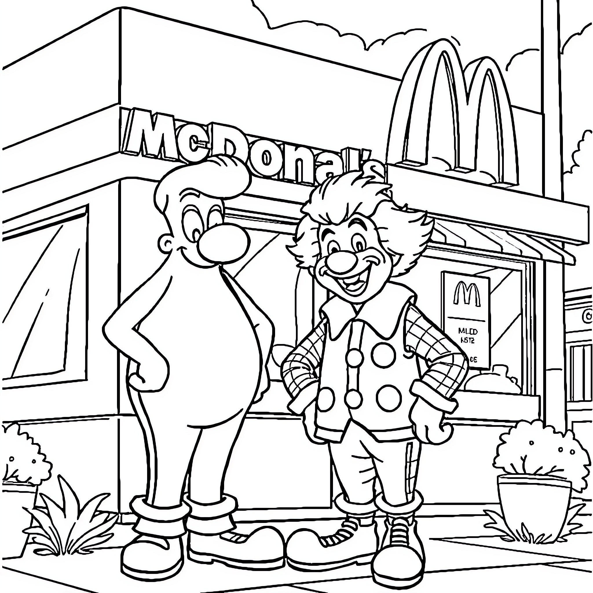 Grimace posing in front of McDonals's restaurant Coloring Page (free black-and-white line drawing printable PDF for all, from beginners to advanced learners, including children, teens, adults, and seniors)