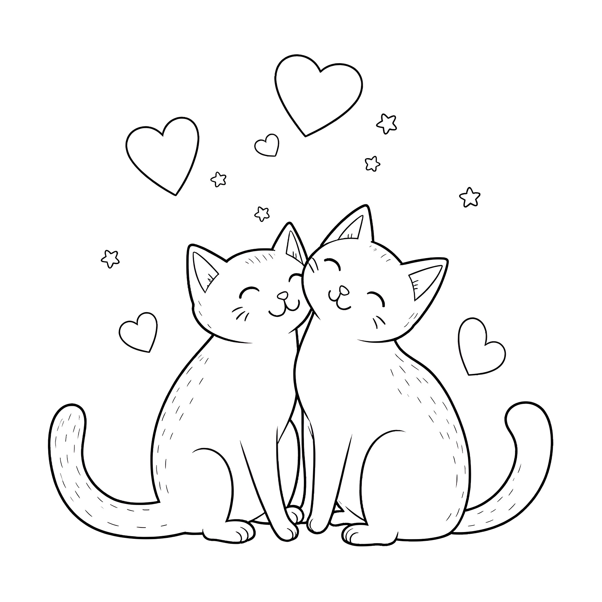 Cats in love with hearts and stars Coloring Page (free black-and-white line drawing printable PDF for all, from beginners to advanced learners, including children, teens, adults, and seniors)