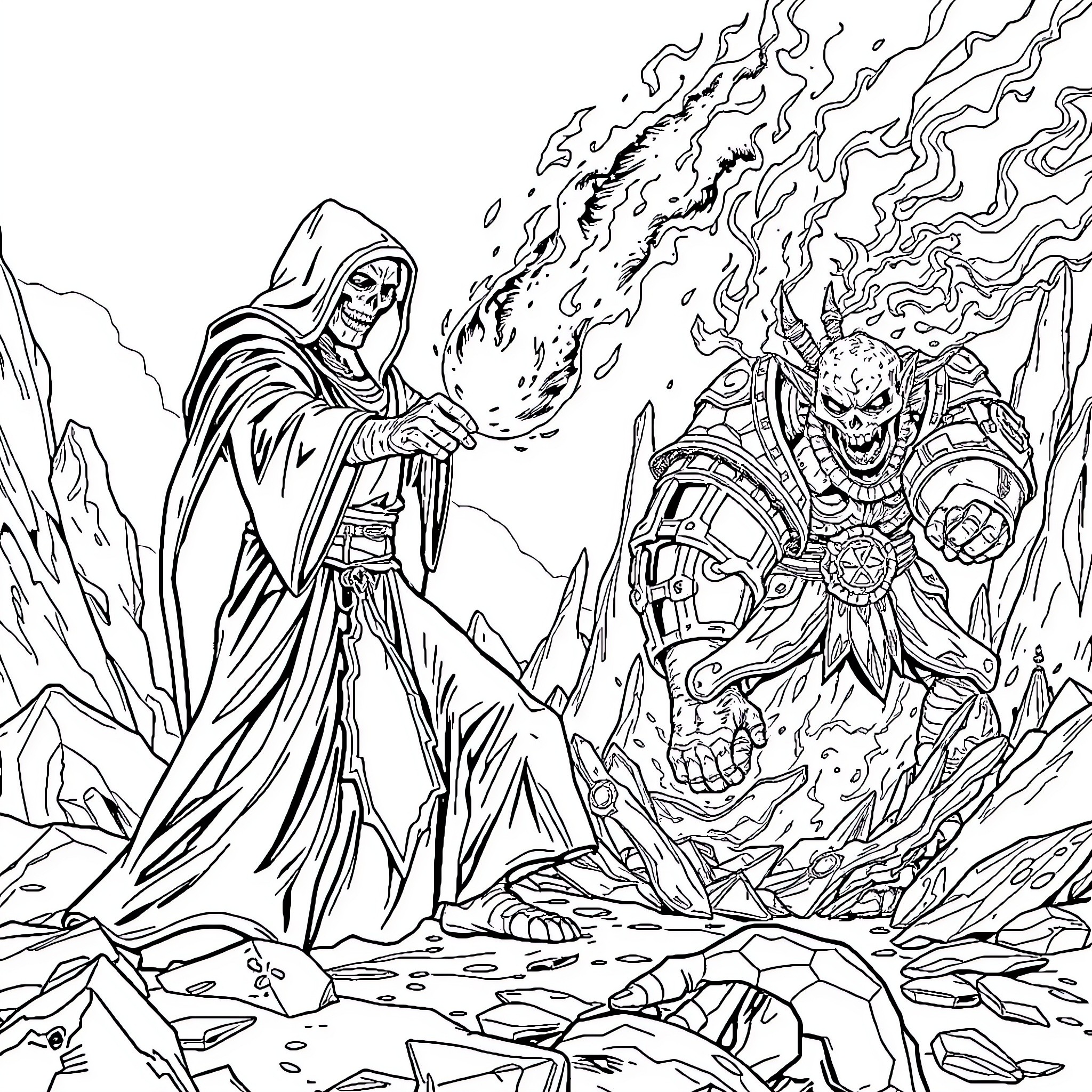 Undead Mage Confronting Demonic Warlord in Otherworldly Realm Coloring Page (free black-and-white line drawing printable PDF for all, from beginners to advanced learners, including children, teens, adults, and seniors)