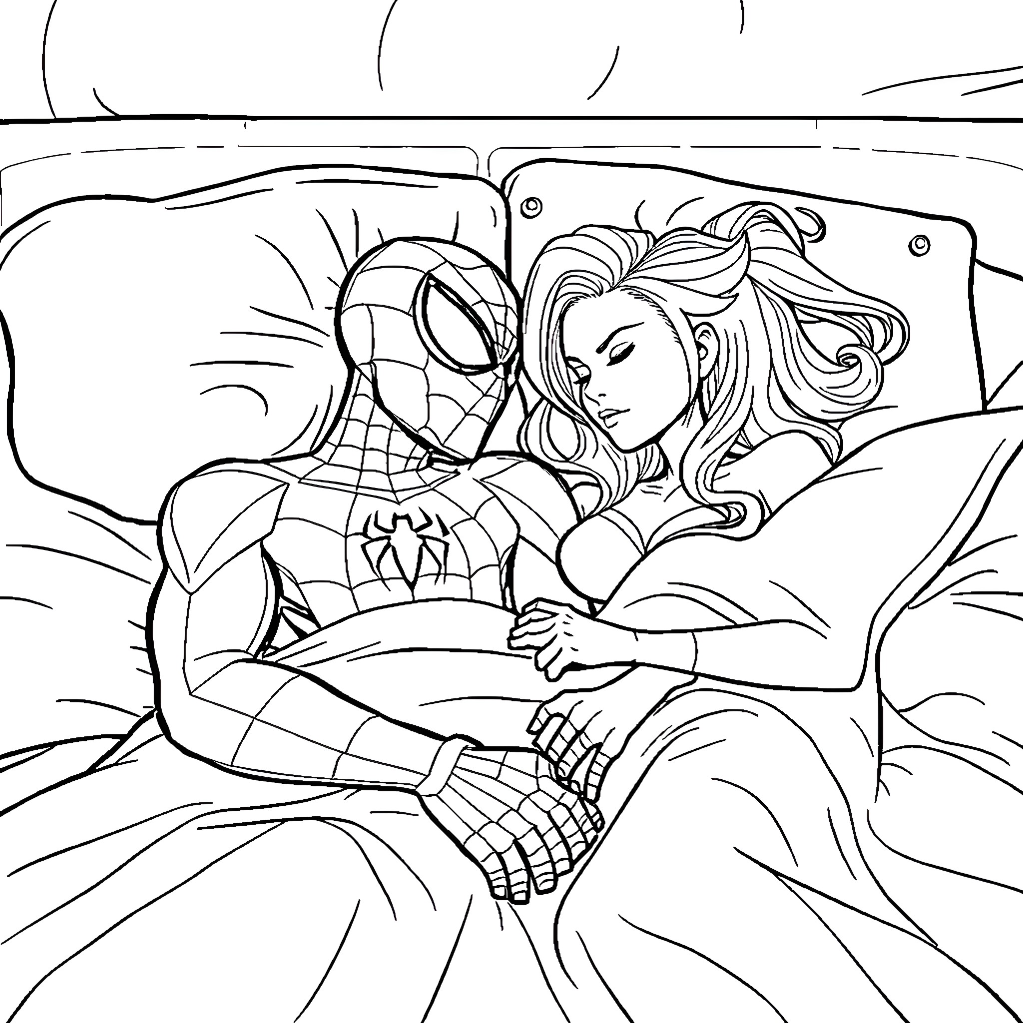 Spiderman comforting a distressed woman Coloring Page (free black-and-white line drawing printable PDF for all, from beginners to advanced learners, including children, teens, adults, and seniors)