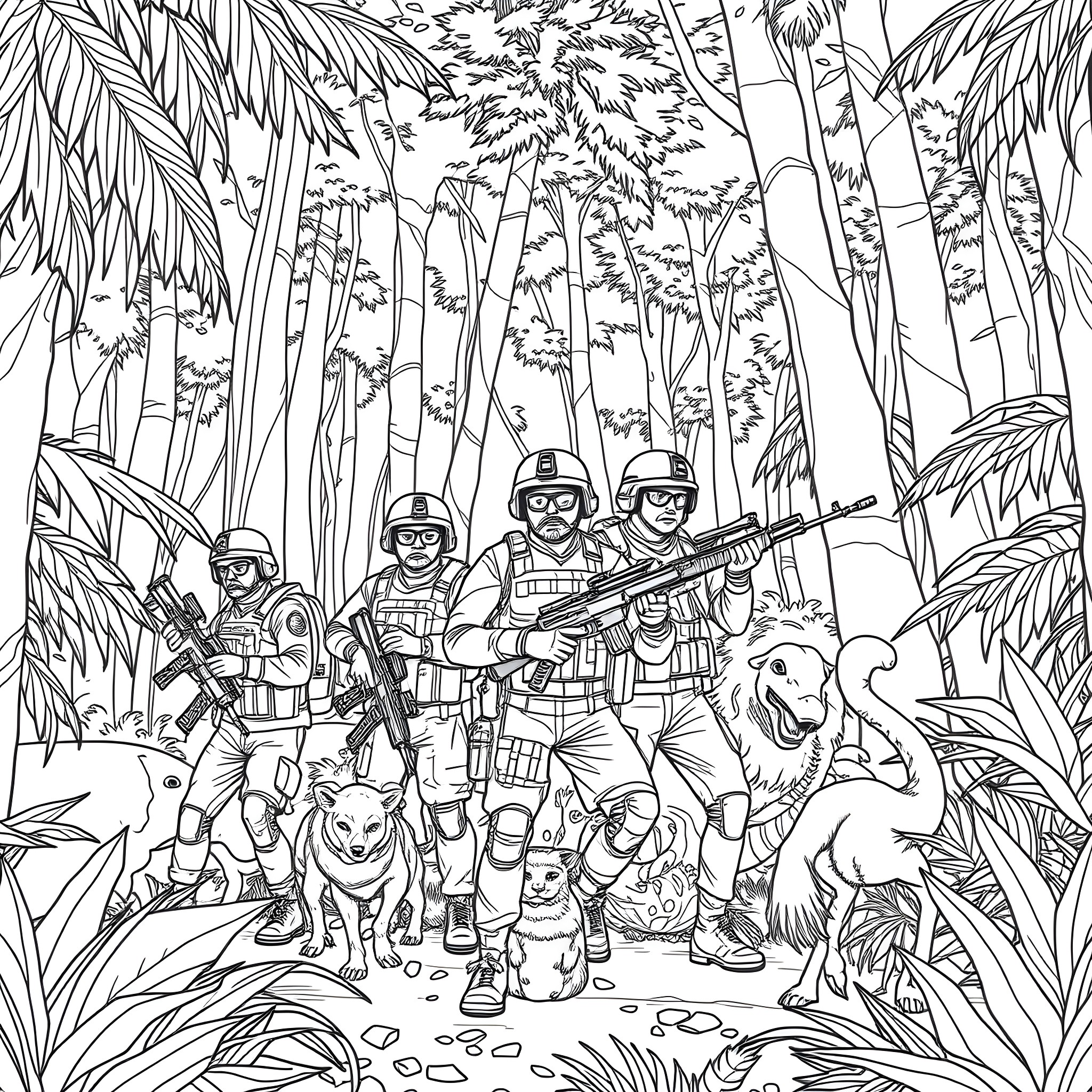 Malaysian VAT 69 squad on jungle patrol Coloring Page (free black-and-white line drawing printable PDF for all, from beginners to advanced learners, including children, teens, adults, and seniors)