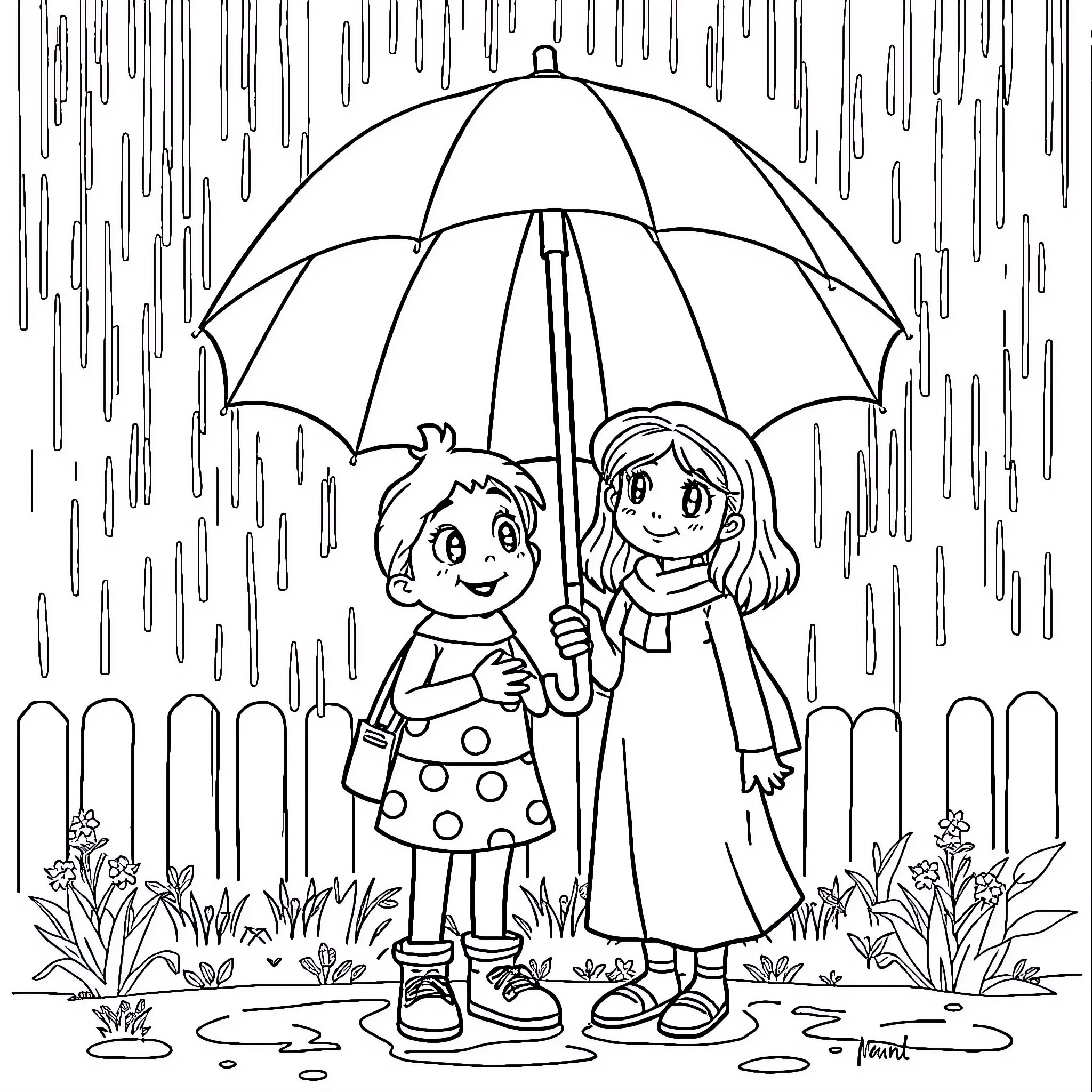 Bingo: Children playing in the rain with umbrella Coloring Page (free black-and-white line drawing printable PDF for all, from beginners to advanced learners, including children, teens, adults, and seniors)