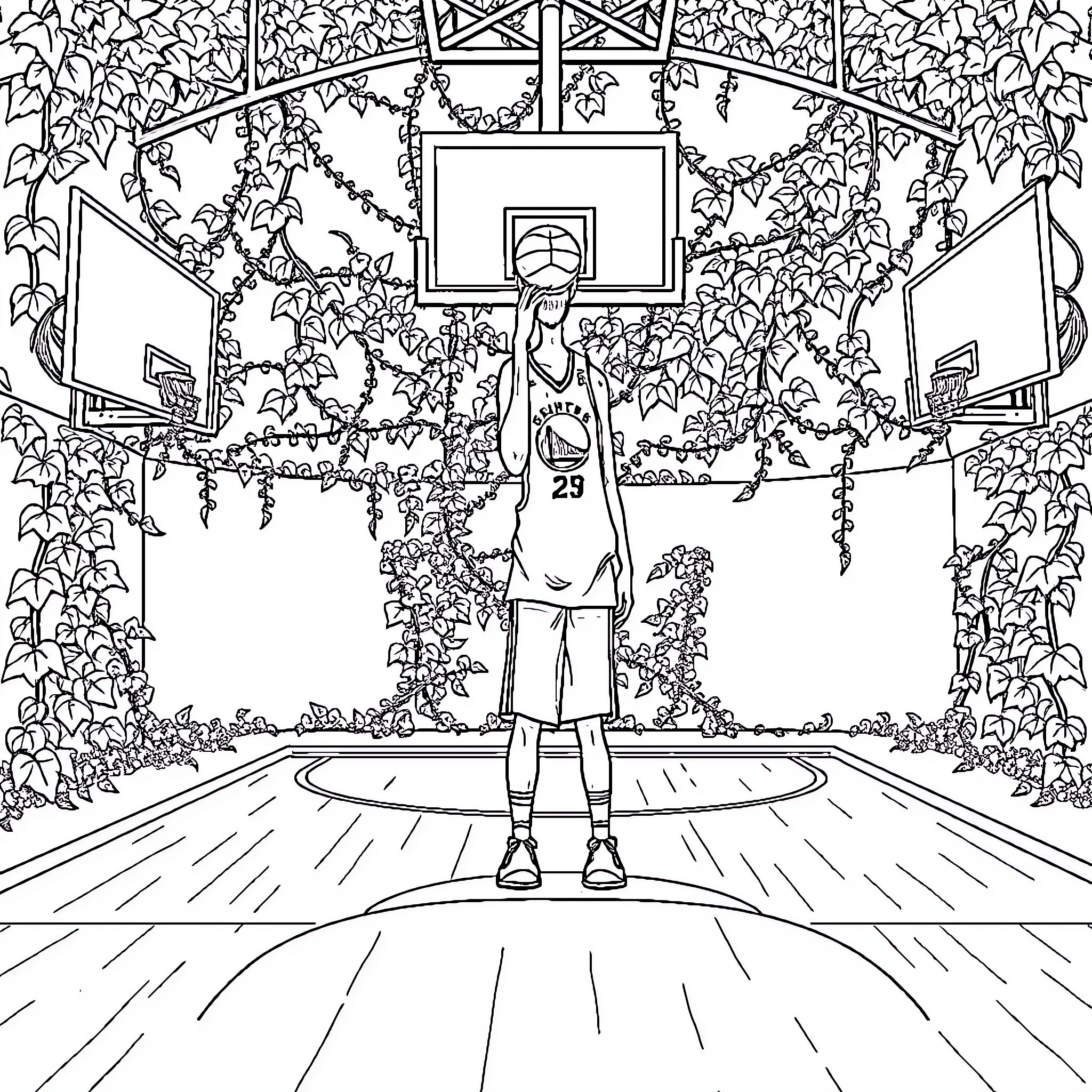 Basketball Player in Outdoor Court with Lush Foliage Coloring Page (free black-and-white line drawing printable PDF for all, from beginners to advanced learners, including children, teens, adults, and seniors)