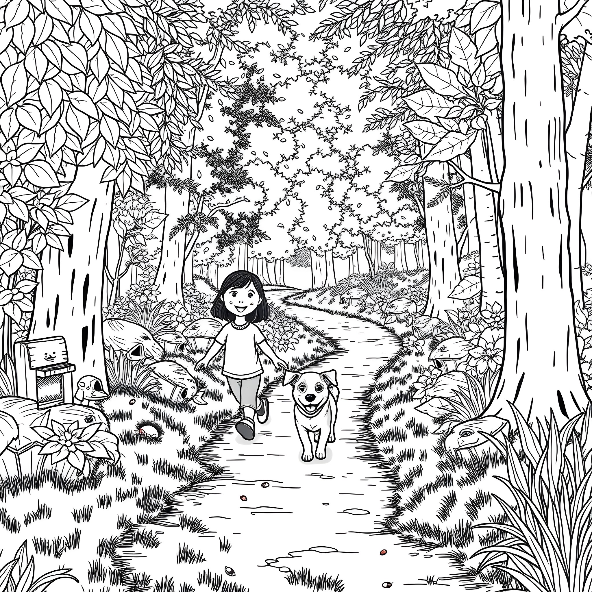 Dog and girl walking in the forest Coloring Page (free black-and-white line drawing printable PDF for all, from beginners to advanced learners, including children, teens, adults, and seniors)