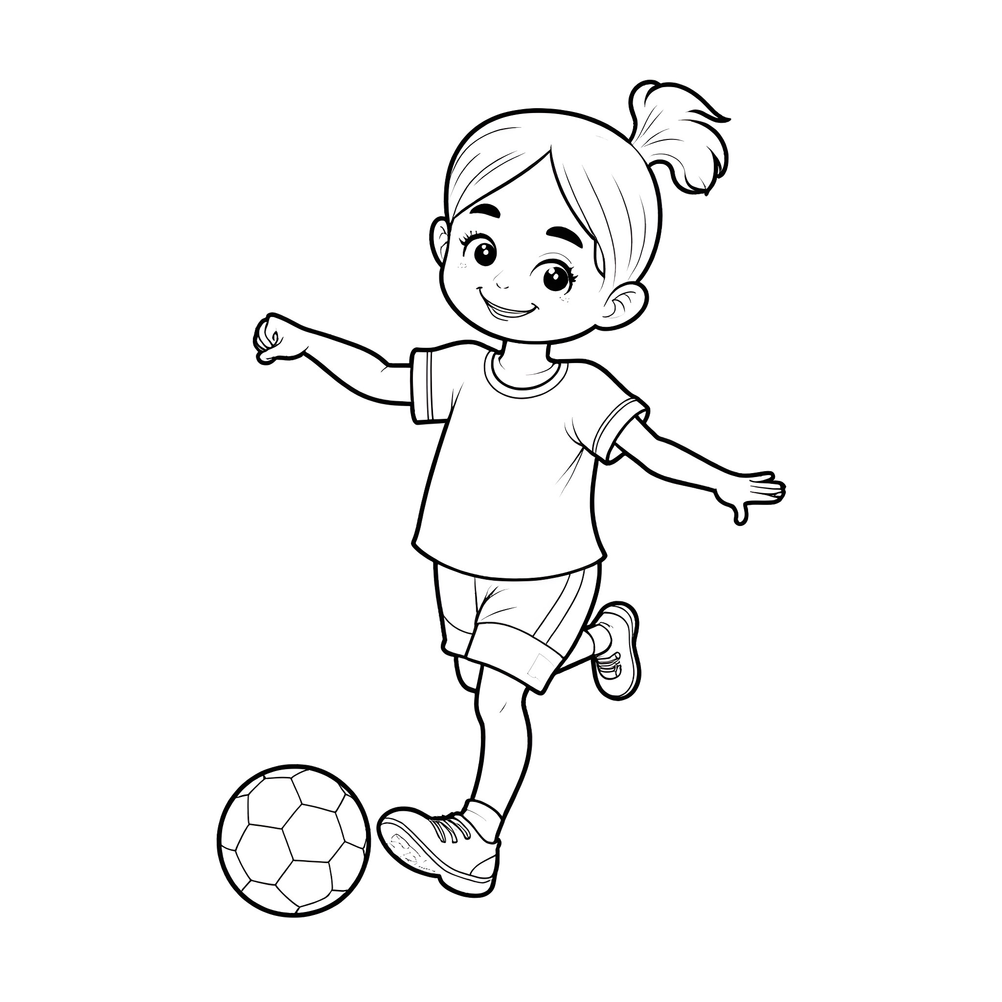 Girl playing with soccer ball happily Coloring Page (free black-and-white line drawing printable PDF for all, from beginners to advanced learners, including children, teens, adults, and seniors)