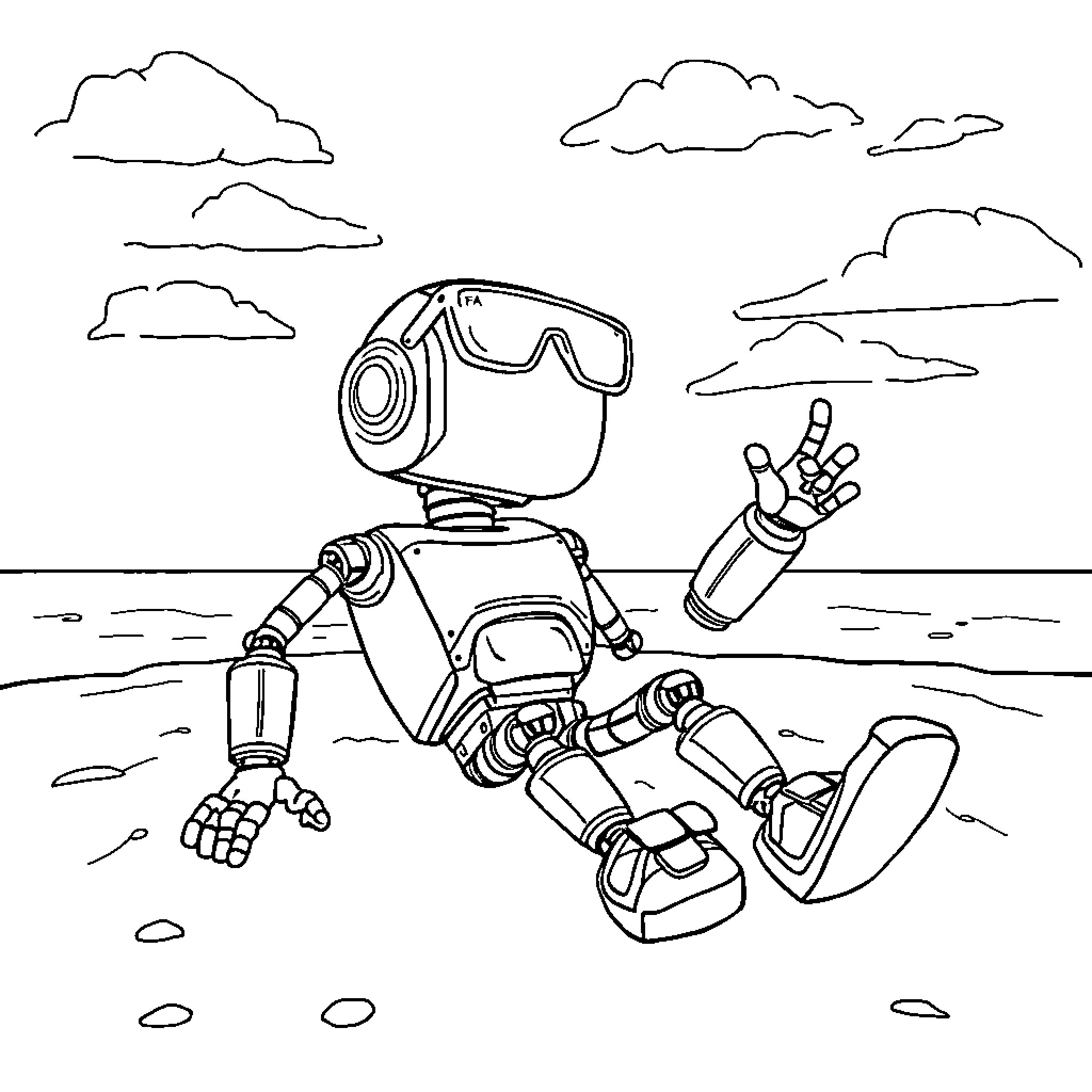 Robot Exploring the Outdoors Coloring Page (free black-and-white line drawing printable PDF for all, from beginners to advanced learners, including children, teens, adults, and seniors)