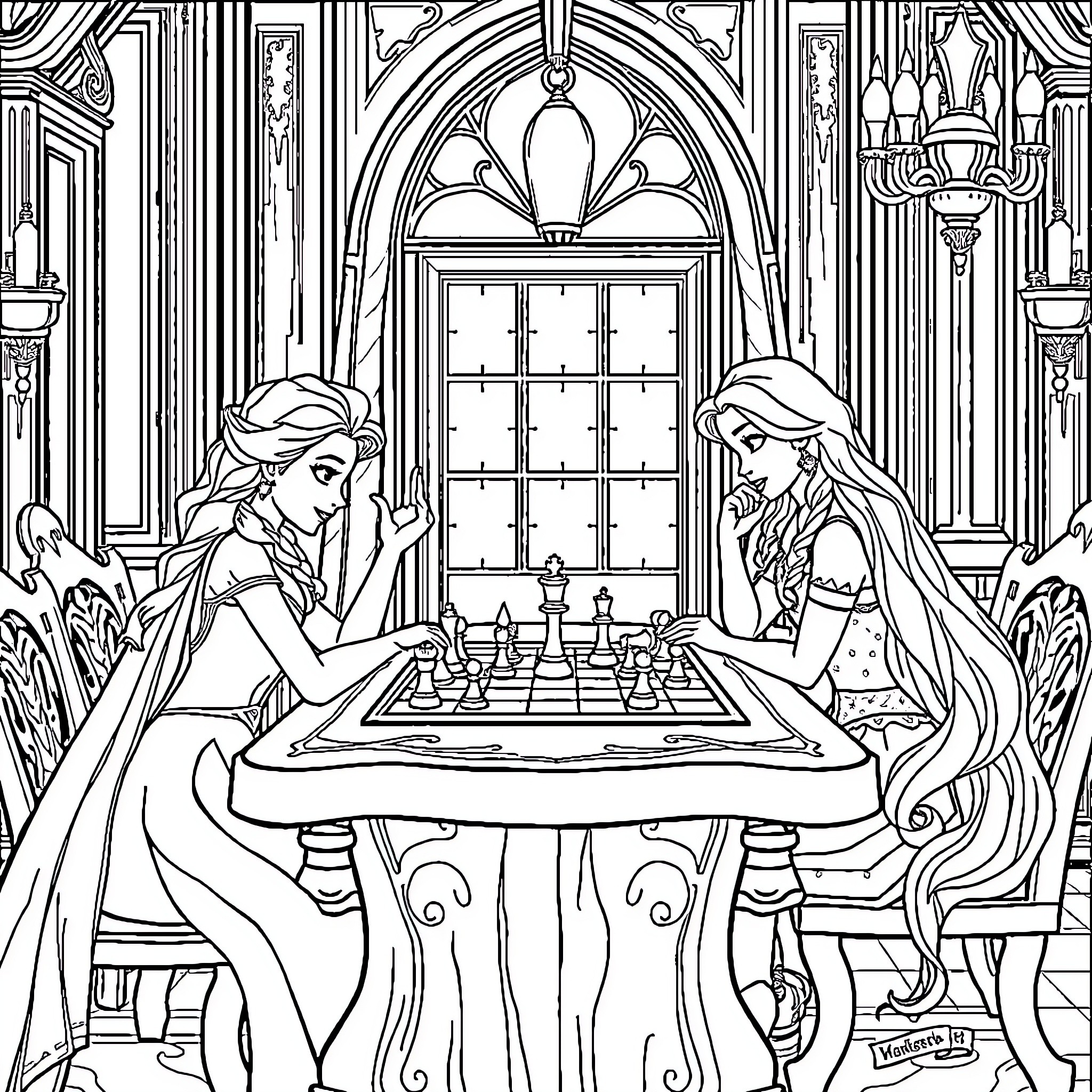 Elsa and Anna Playing Chess in the Palace Coloring Page (free black-and-white line drawing printable PDF for all, from beginners to advanced learners, including children, teens, adults, and seniors)