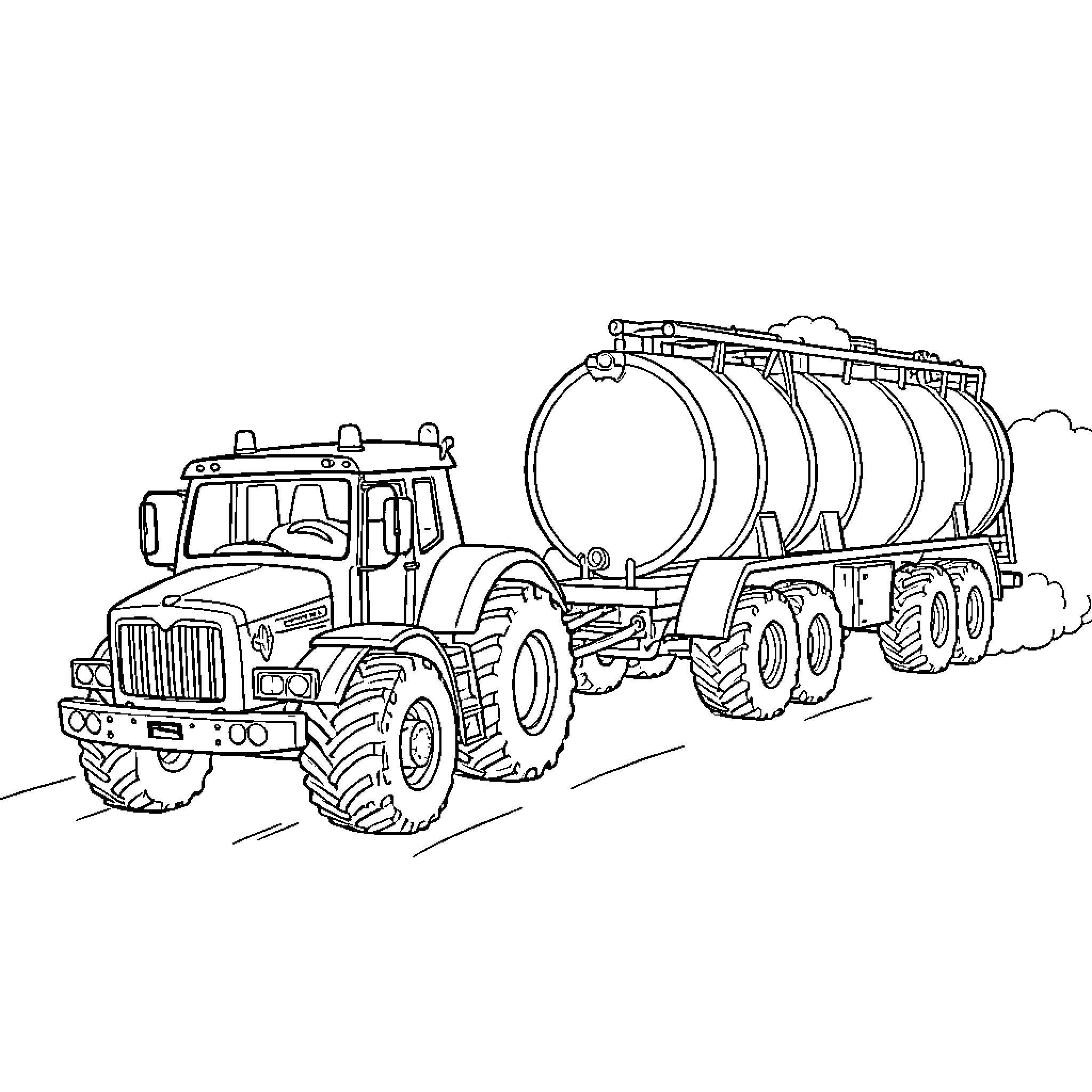 Fire Truck hauling a large water tank trailer Coloring Page (free black-and-white line drawing printable PDF for all, from beginners to advanced learners, including children, teens, adults, and seniors)
