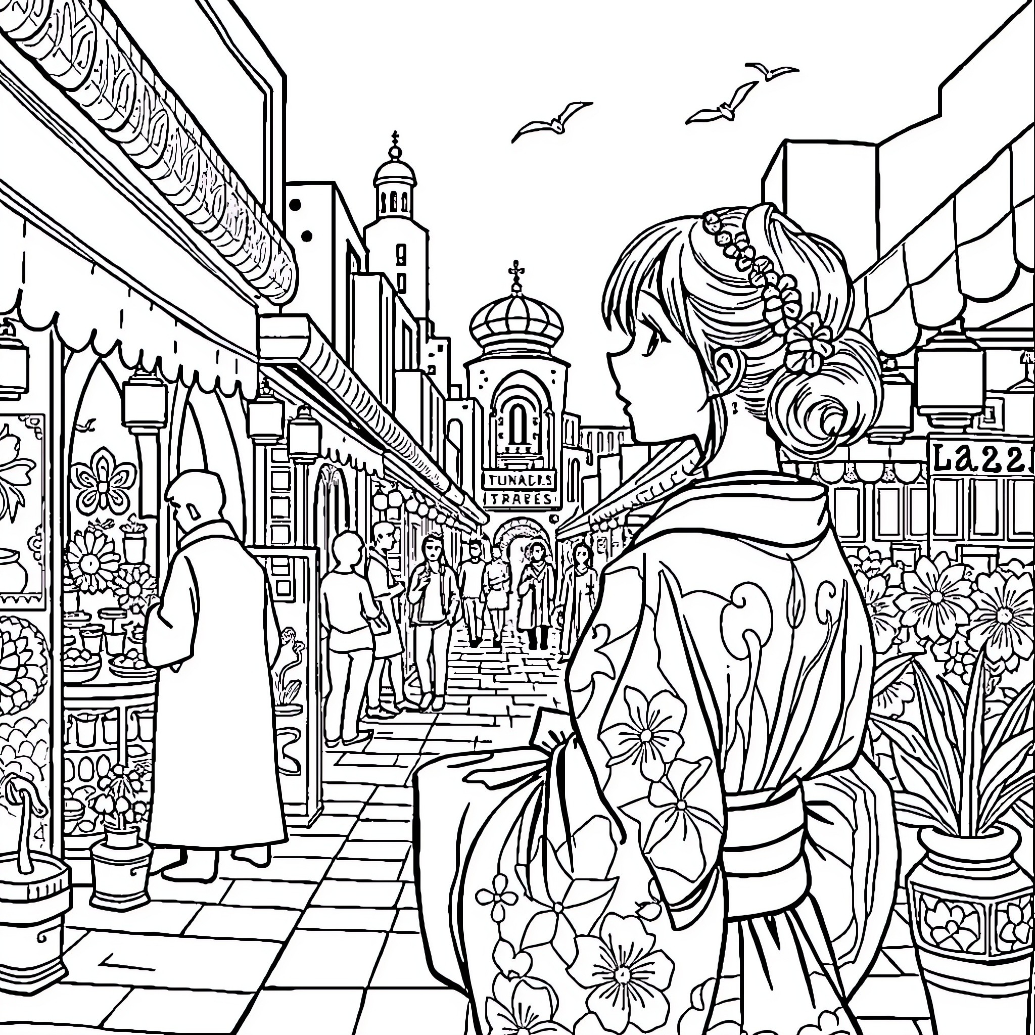 Japanese Girl Exploring Vibrant City Street Coloring Page (free black-and-white line drawing printable PDF for all, from beginners to advanced learners, including children, teens, adults, and seniors)