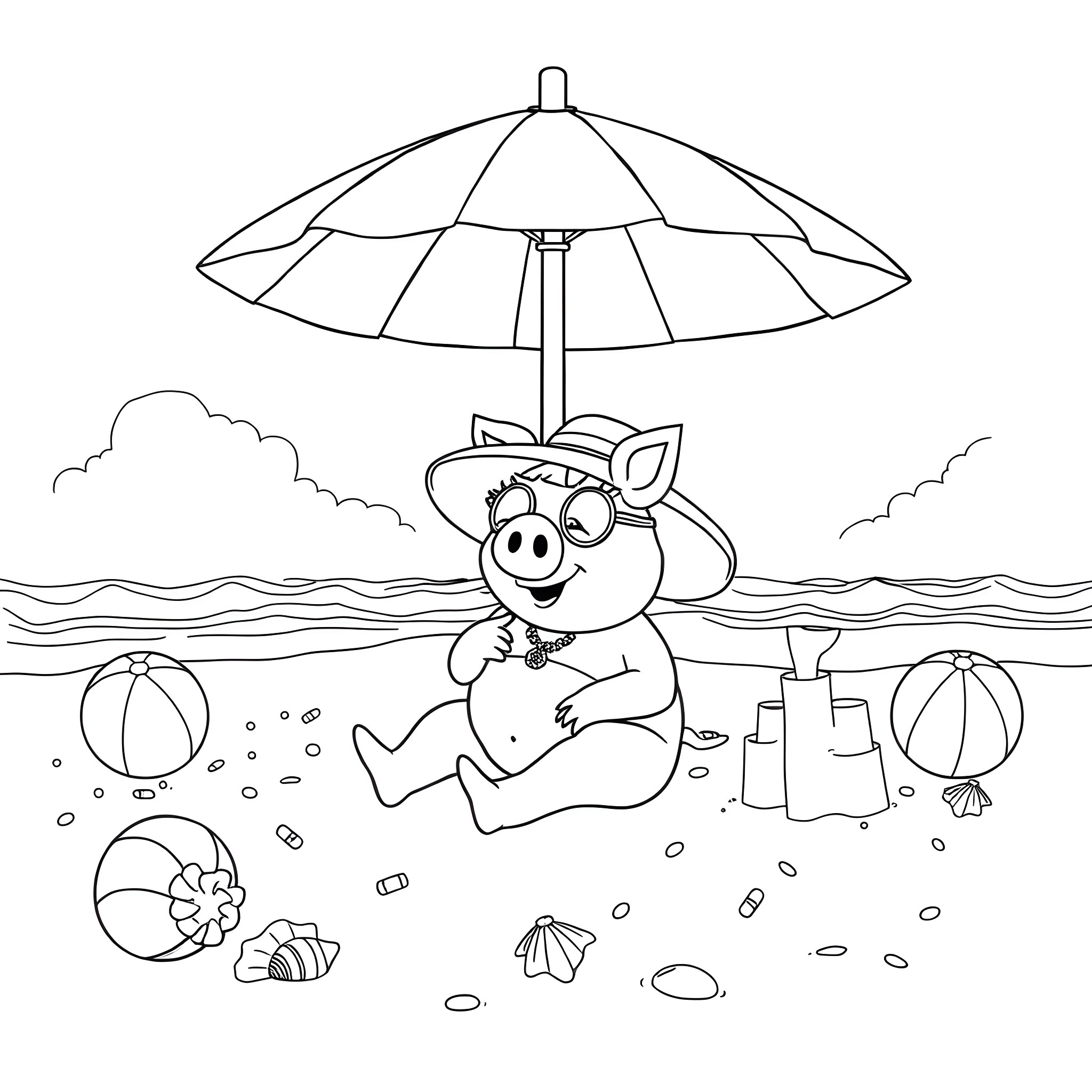 Miss Piggy relaxing at the beach with umbrella Coloring Page (free black-and-white line drawing printable PDF for all, from beginners to advanced learners, including children, teens, adults, and seniors)