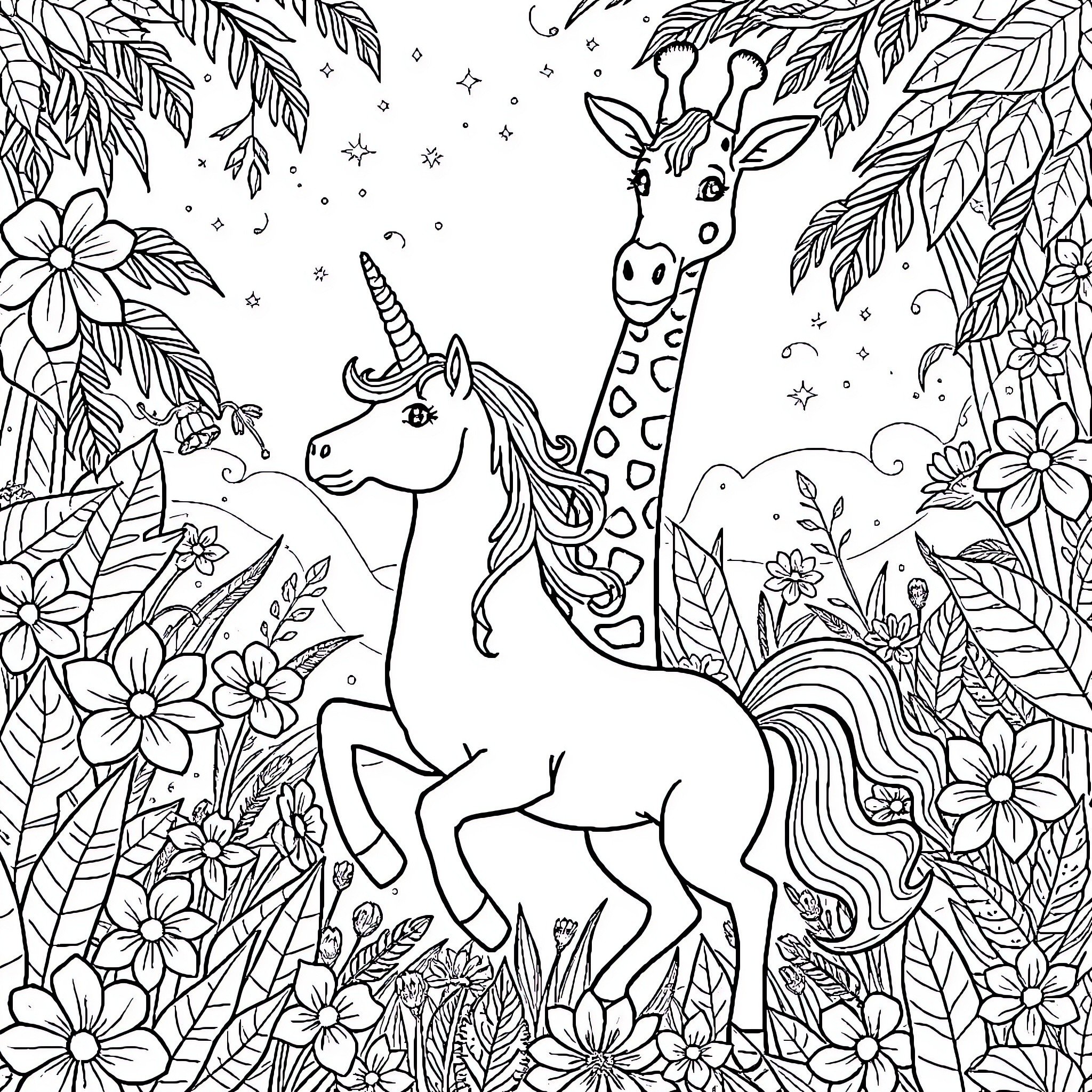 Unicorn and giraffe playing in magical forest Coloring Page (free black-and-white line drawing printable PDF for all, from beginners to advanced learners, including children, teens, adults, and seniors)