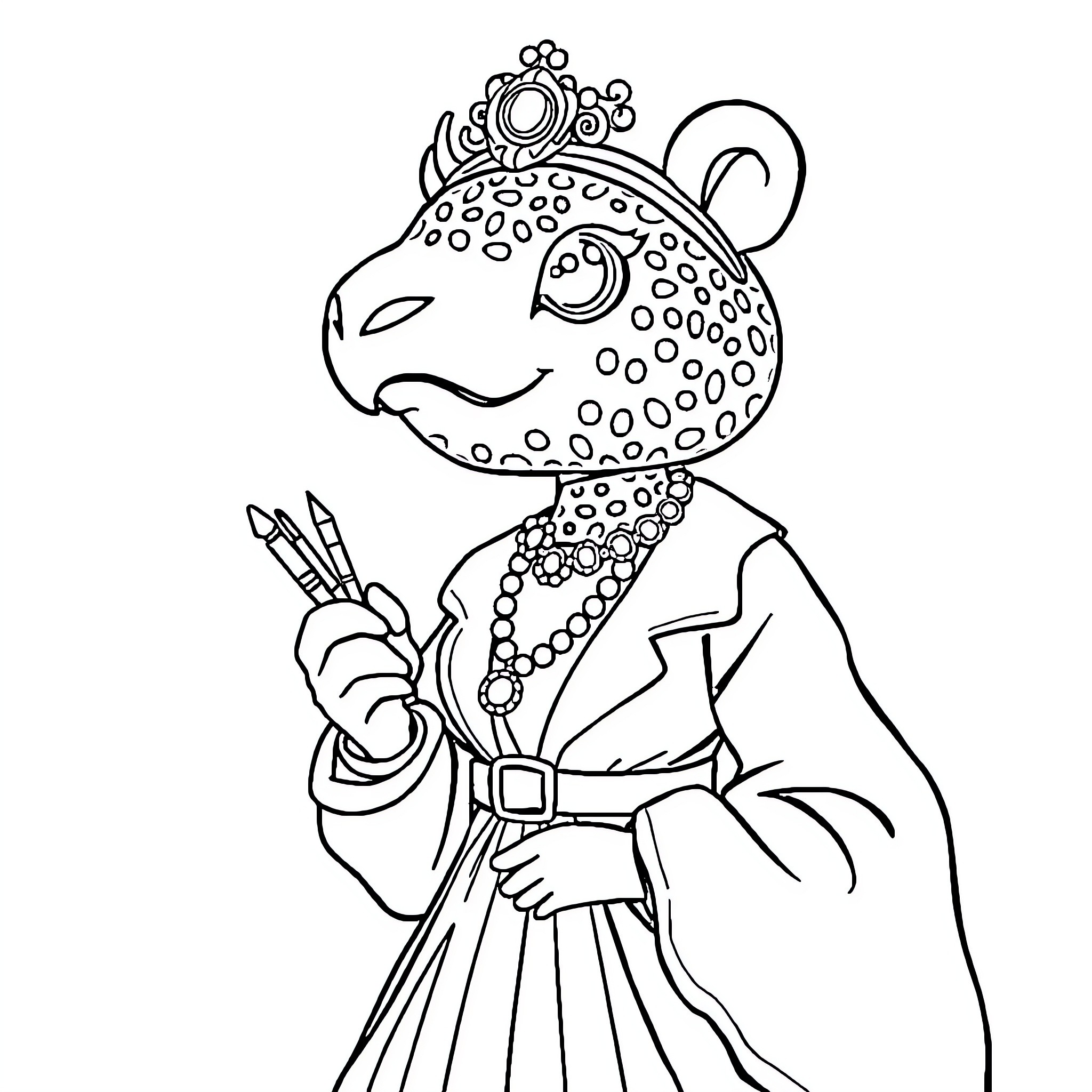 Labubu's Regal Attire and Artistic Endeavors Coloring Page (free black-and-white line drawing printable PDF for all, from beginners to advanced learners, including children, teens, adults, and seniors)