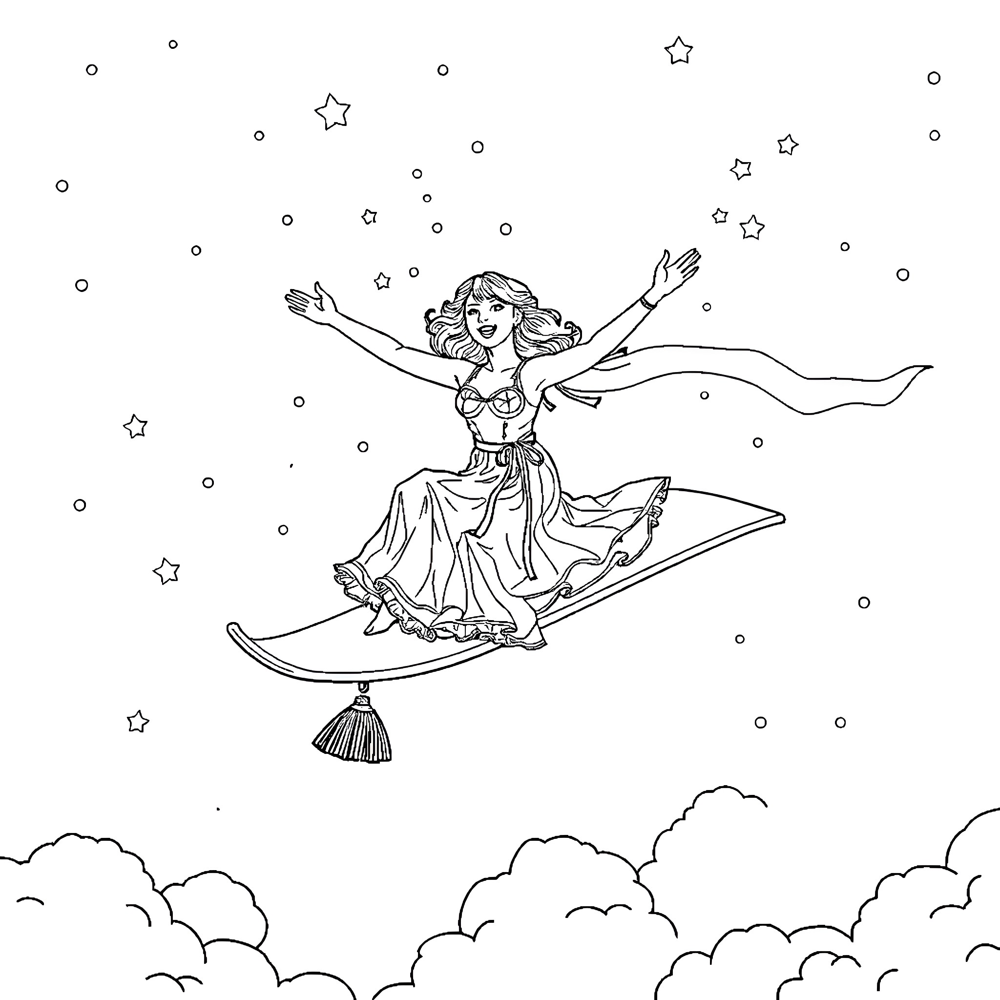 Taylor Swift riding magical broomstick through starry skies Coloring Page (free black-and-white line drawing printable PDF for all, from beginners to advanced learners, including children, teens, adults, and seniors)