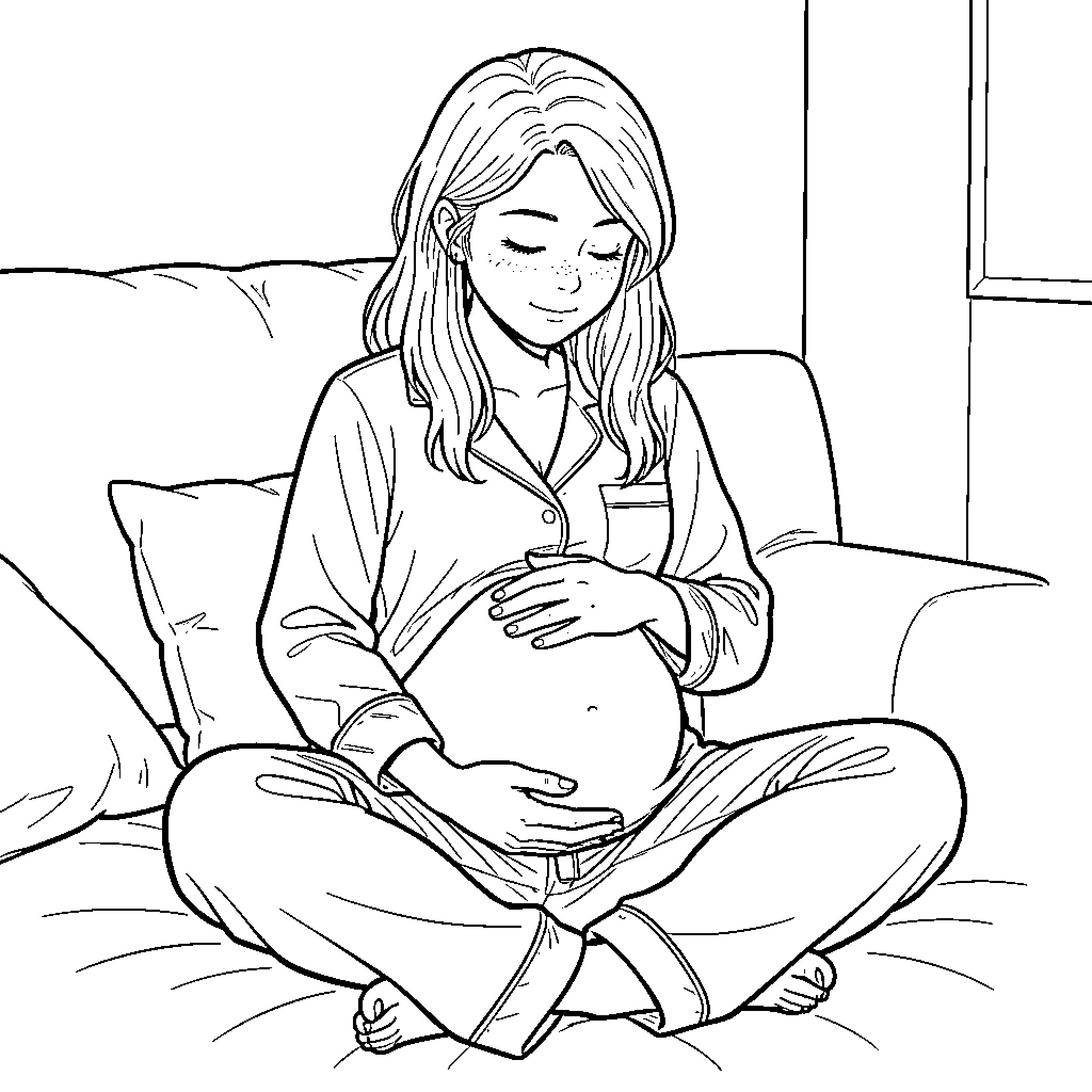 Teen relaxing peacefully in comfy home setting Coloring Page (free black-and-white line drawing printable PDF for all, from beginners to advanced learners, including children, teens, adults, and seniors)